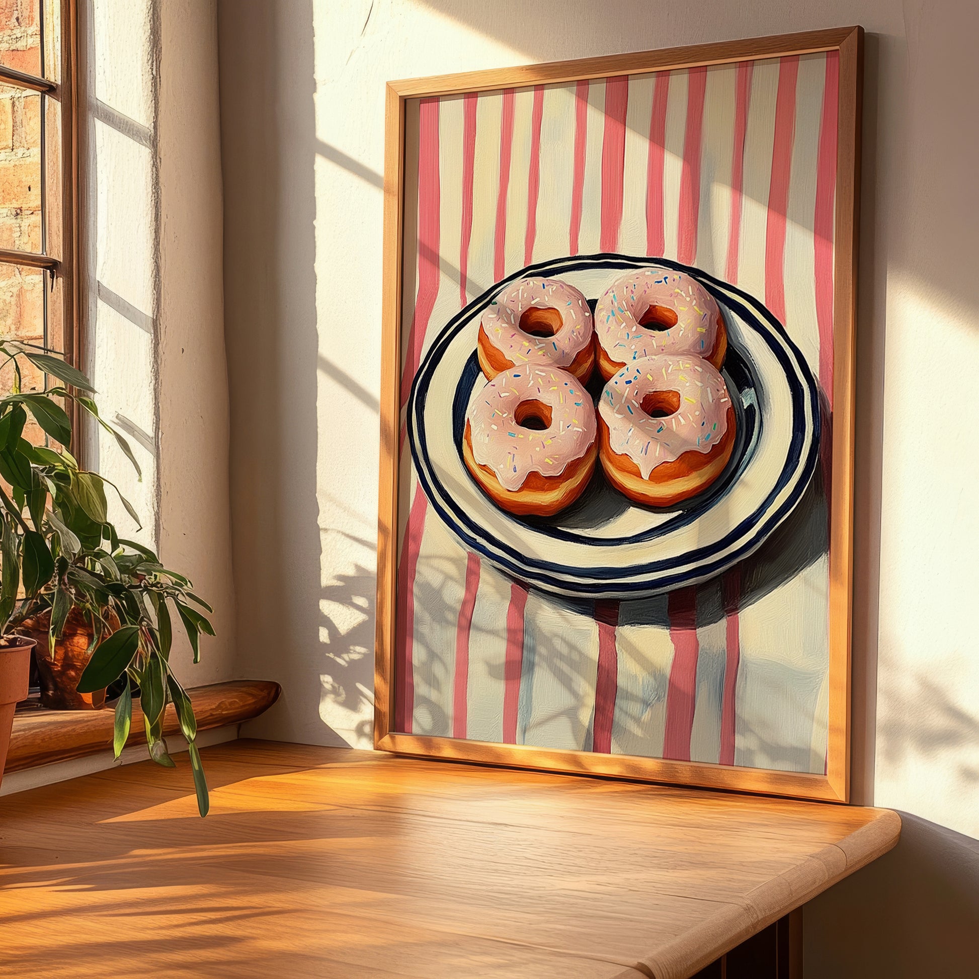 Donuts – on Striped Tablecloth, American Pastry Illustration, clean layout with no caption