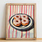 Donuts – on Striped Tablecloth, American Pastry Illustration, no-text version framed in wood