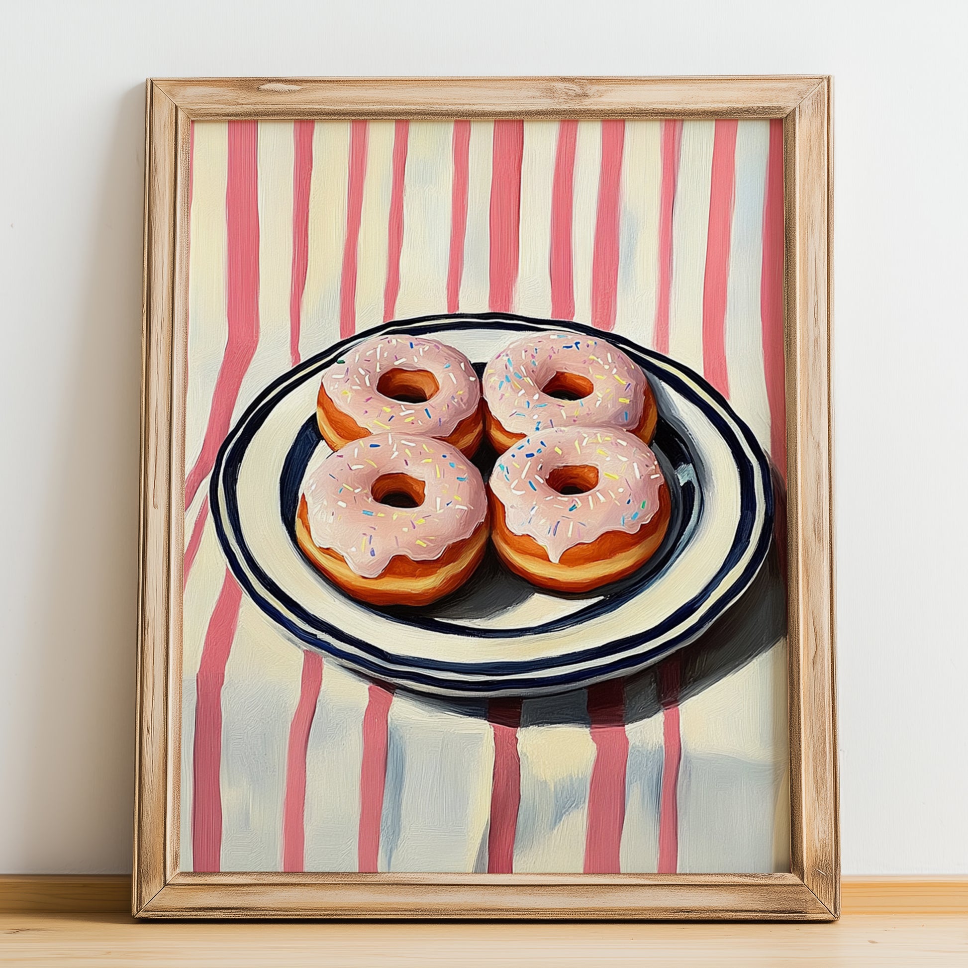 Donuts – on Striped Tablecloth, American Pastry Illustration, no-text version framed in wood