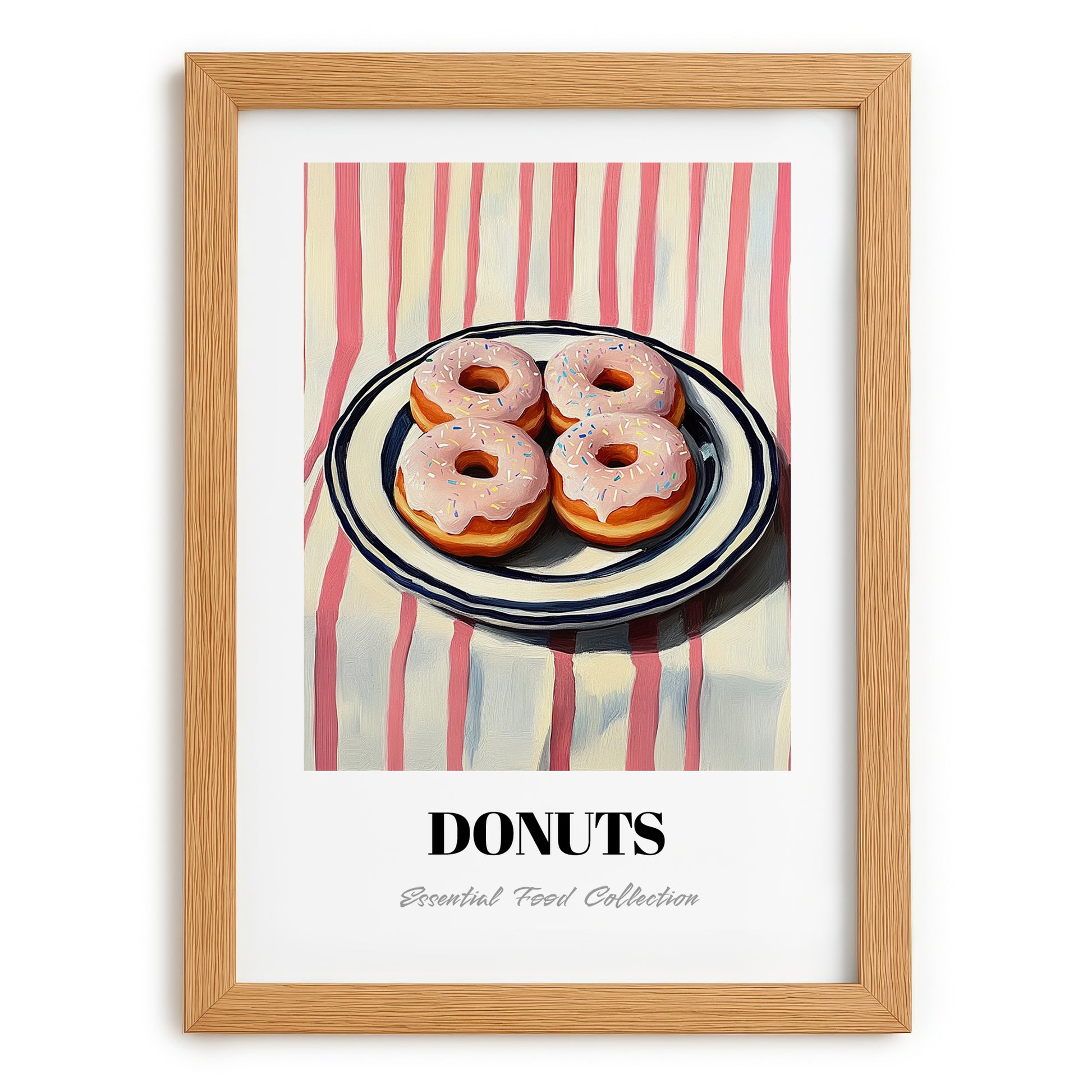 Donuts – on Striped Tablecloth, American Pastry Illustration, set in oak frame
