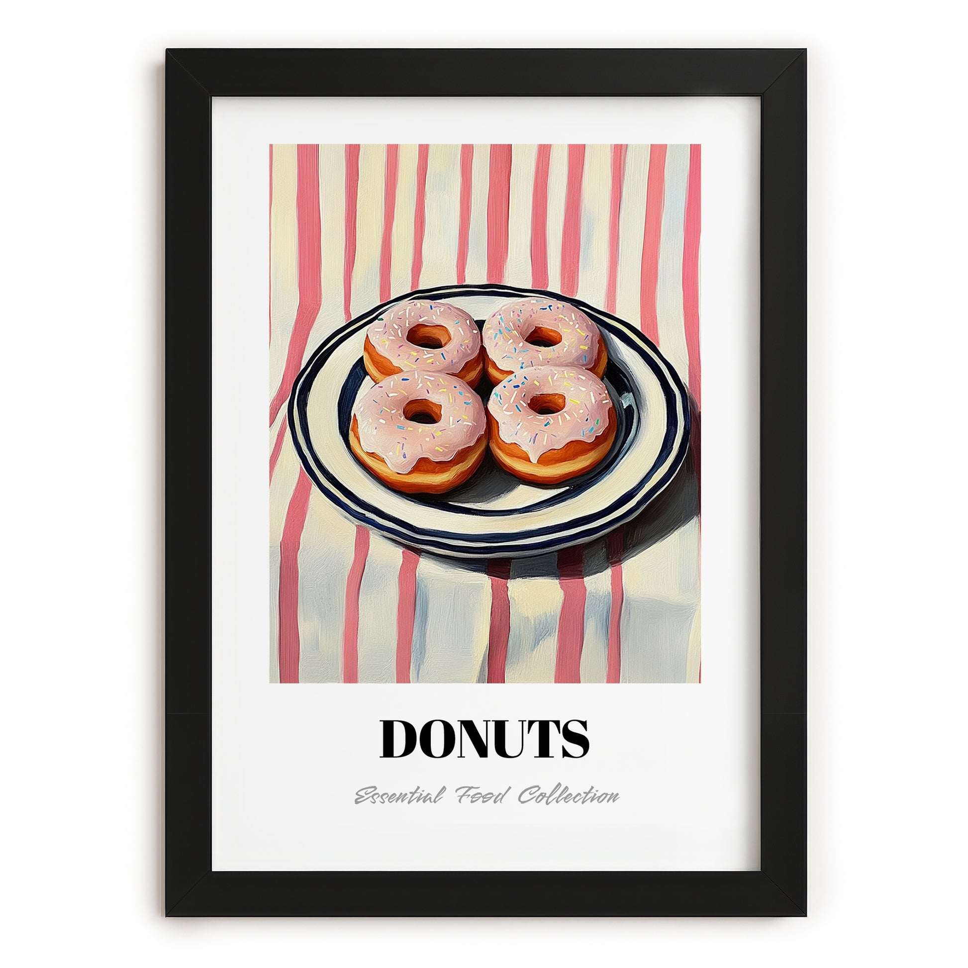 Donuts – on Striped Tablecloth, American Pastry Illustration, in sleek black frame