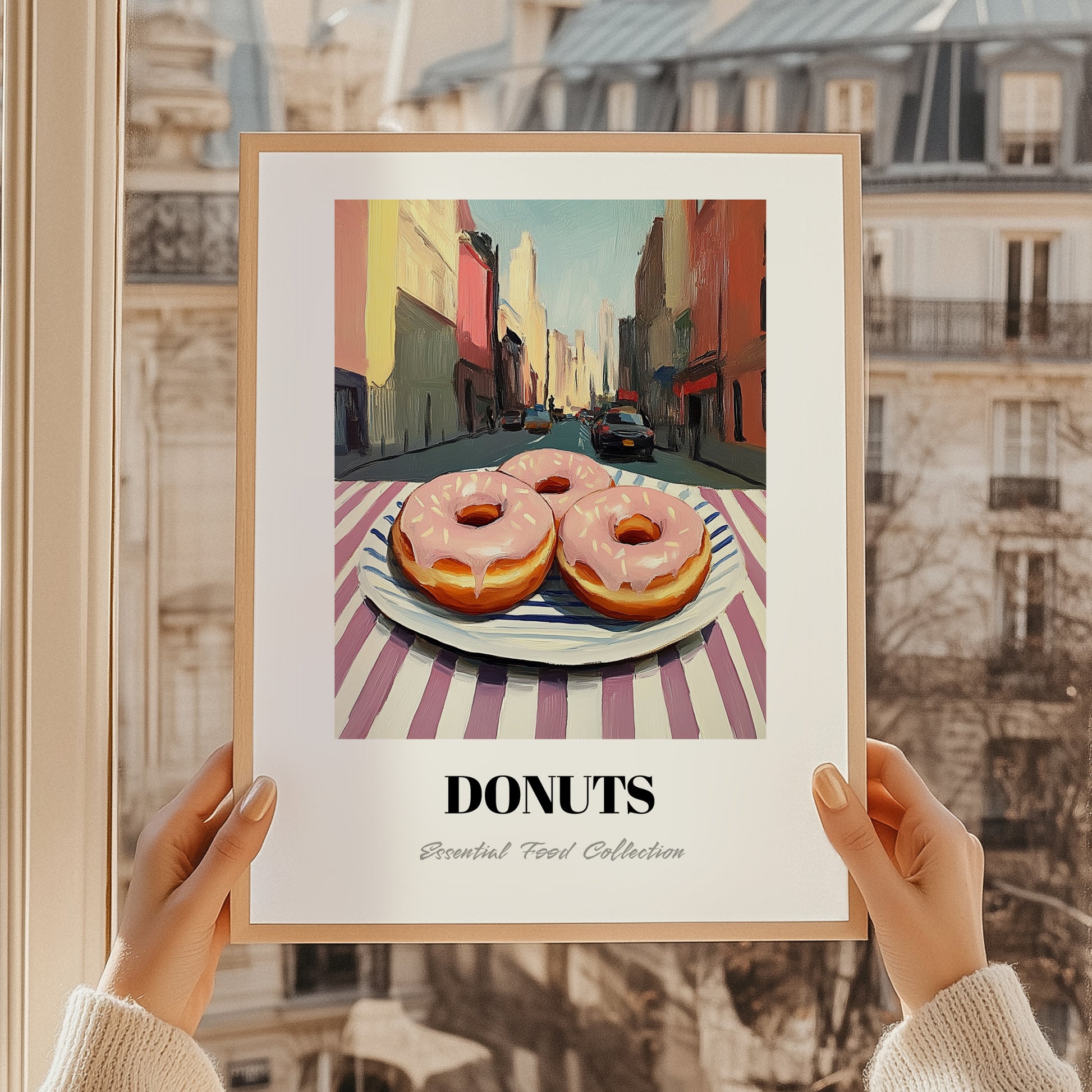 Donuts – New York Street Café Scene, American Pastry Print, styled in a charming Paris street view