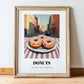 Donuts – New York Street Café Scene, American Pastry Print, in wooden frame leaning on the floor