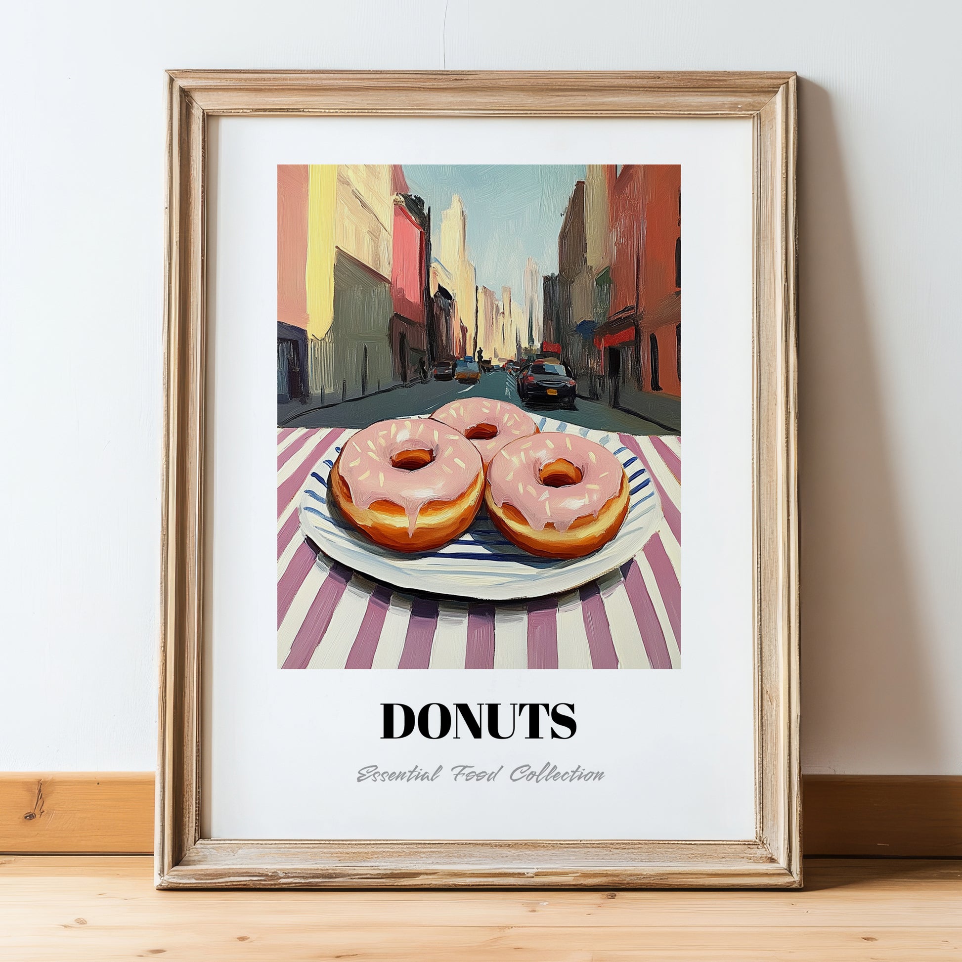 Donuts – New York Street Café Scene, American Pastry Print, in wooden frame leaning on the floor