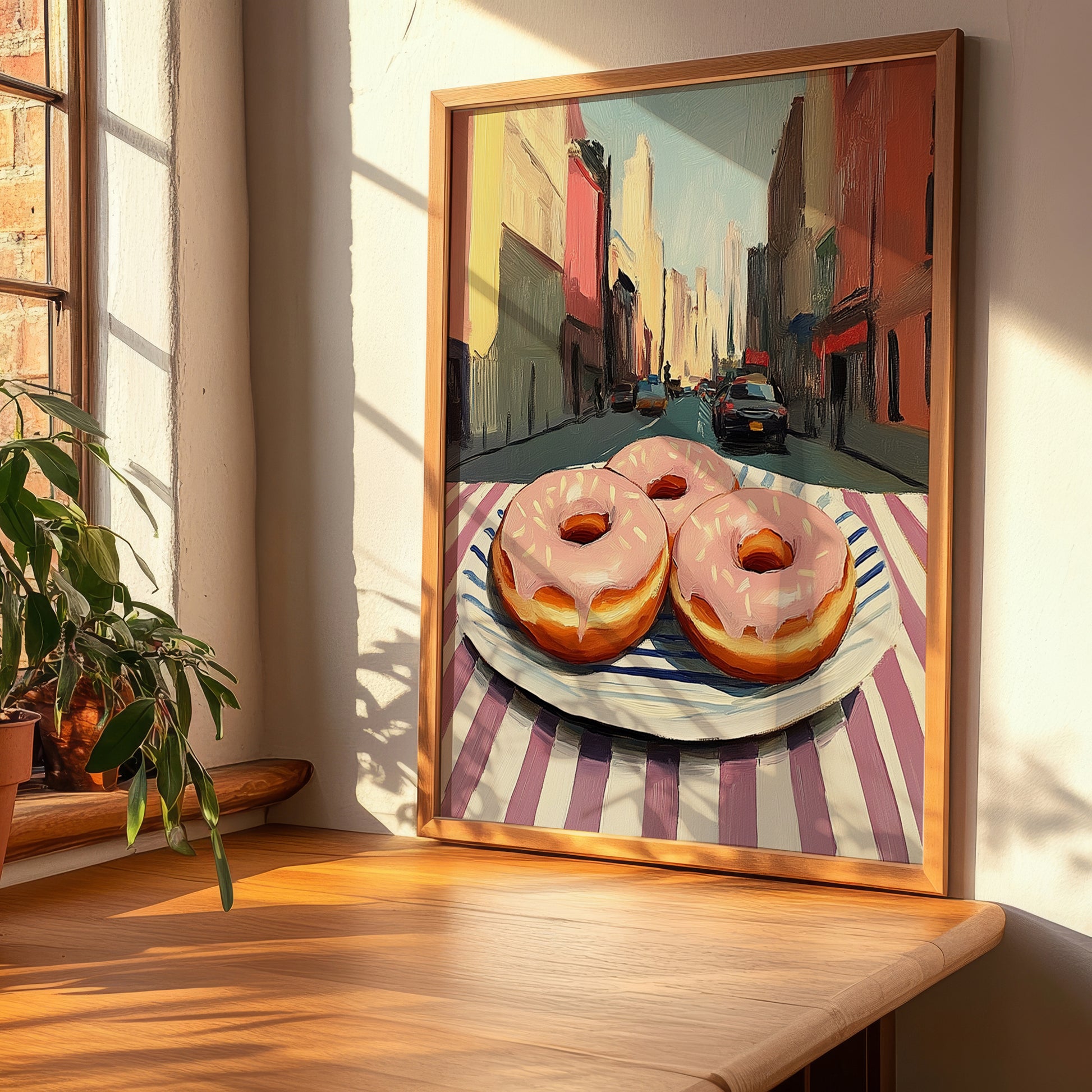 Donuts – New York Street Café Scene, American Pastry Print, clean layout with no caption