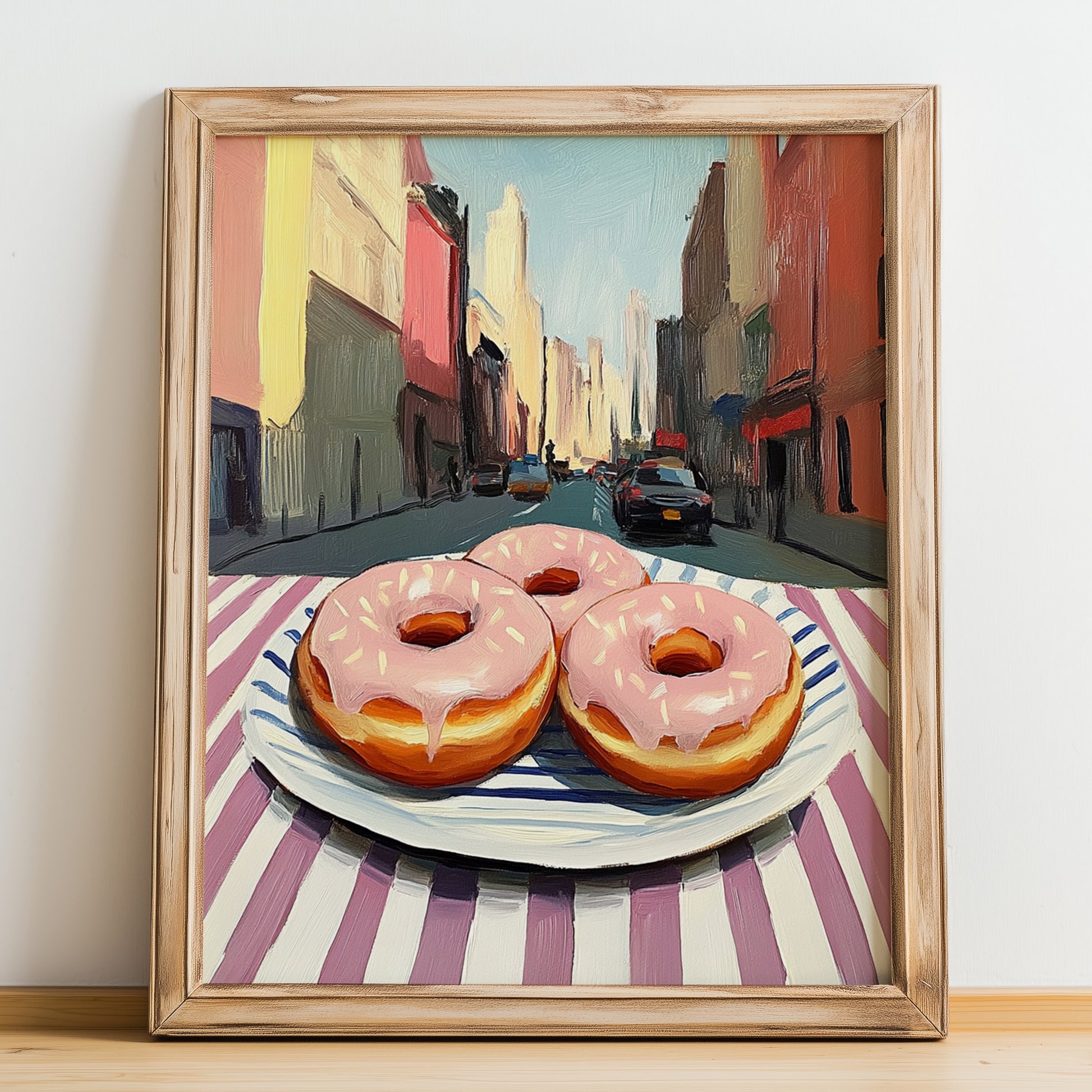 Donuts – New York Street Café Scene, American Pastry Print, no-text version framed in wood