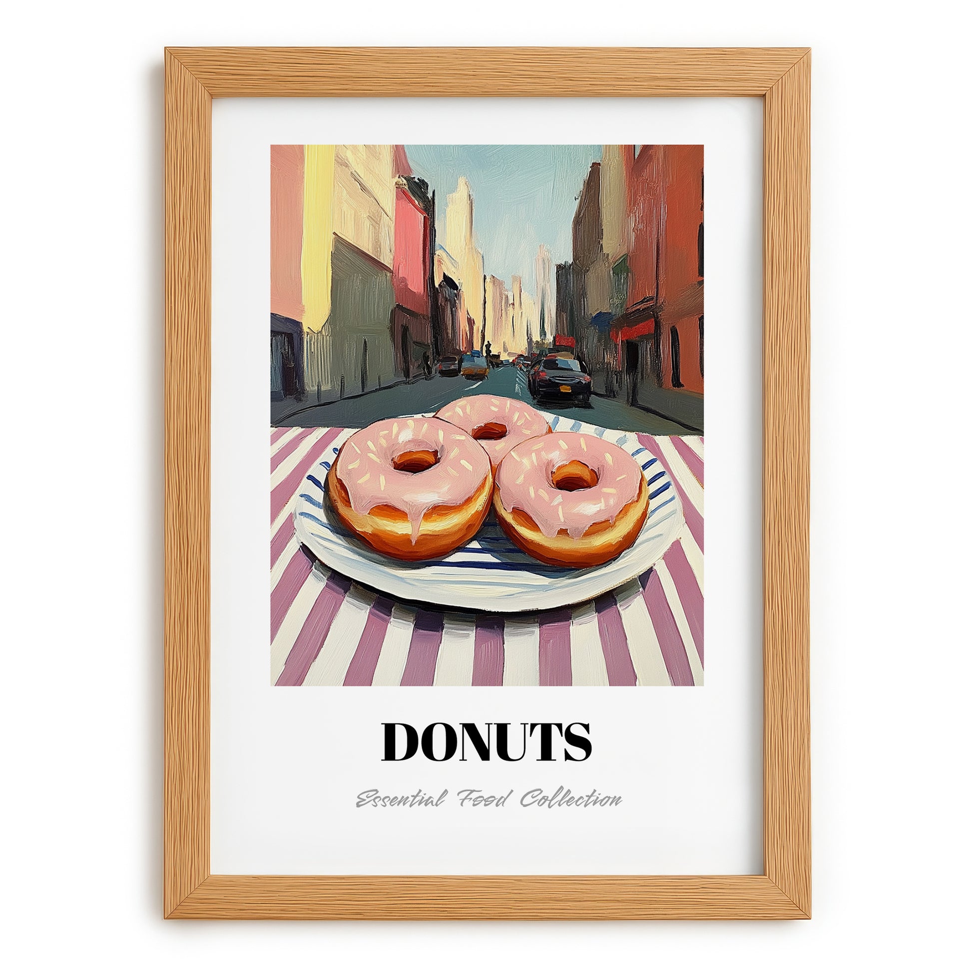 Donuts – New York Street Café Scene, American Pastry Print, set in oak frame