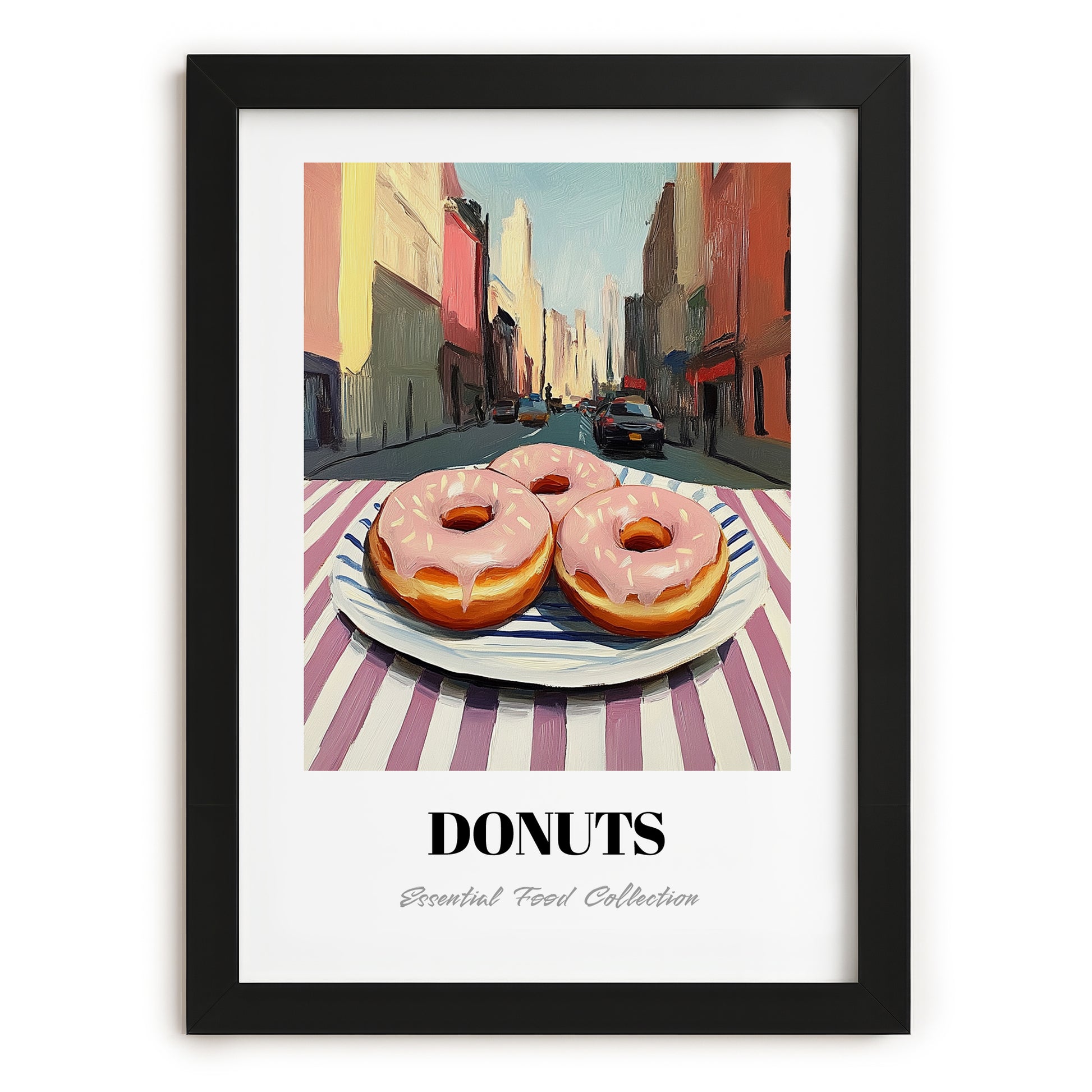 Donuts – New York Street Café Scene, American Pastry Print, in sleek black frame