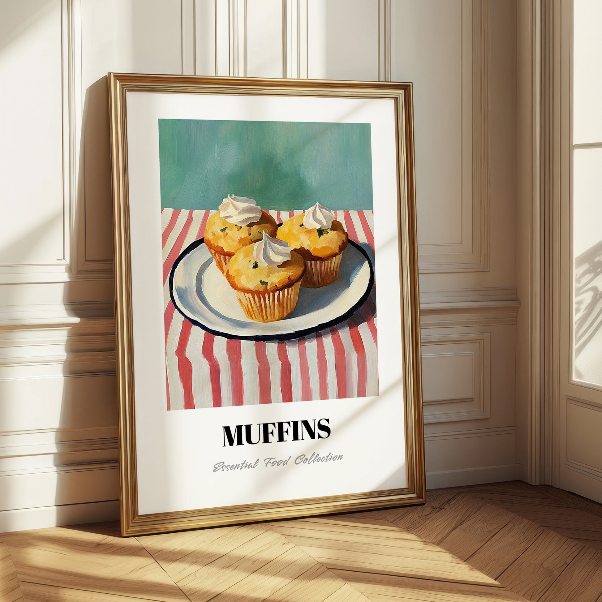 Muffins – on Striped Tablecloth, American Pastry Painting 