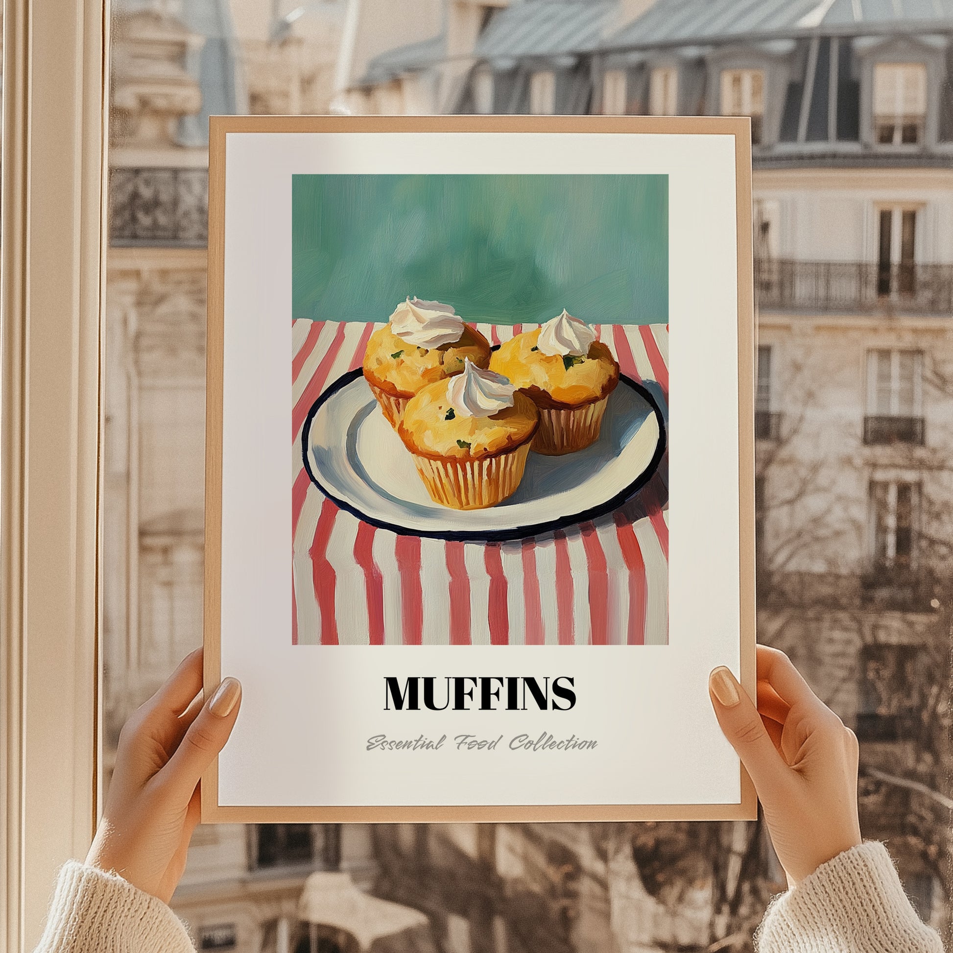 Muffins – on Striped Tablecloth, American Pastry Painting, styled in a charming Paris street view