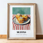 Muffins – on Striped Tablecloth, American Pastry Painting, in wooden frame leaning on the floor