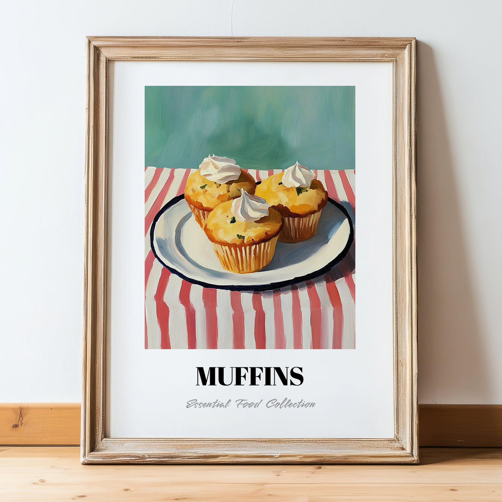 Muffins – on Striped Tablecloth, American Pastry Painting, in wooden frame leaning on the floor