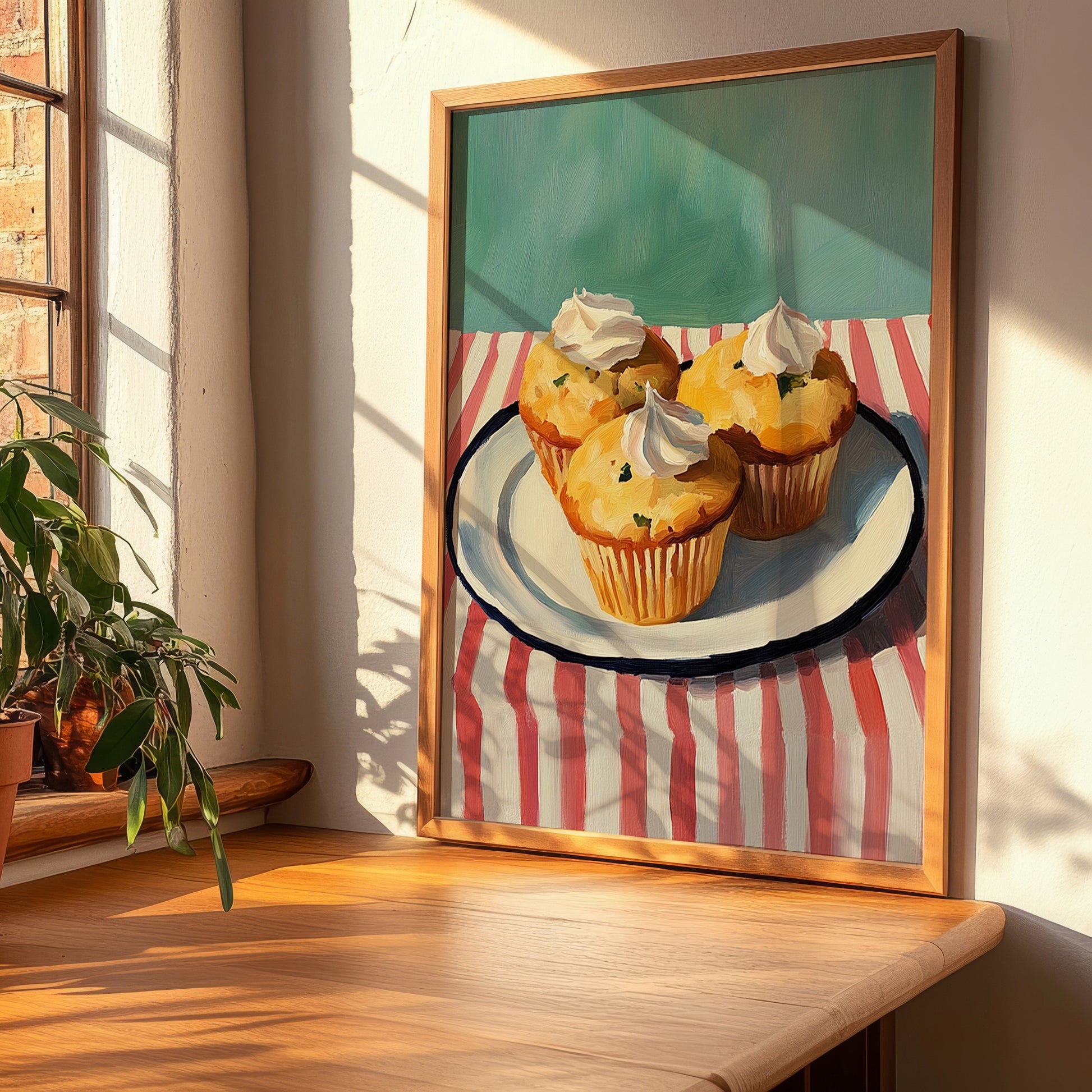 Muffins – on Striped Tablecloth, American Pastry Painting, clean layout with no caption