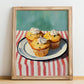 Muffins – on Striped Tablecloth, American Pastry Painting, no-text version framed in wood