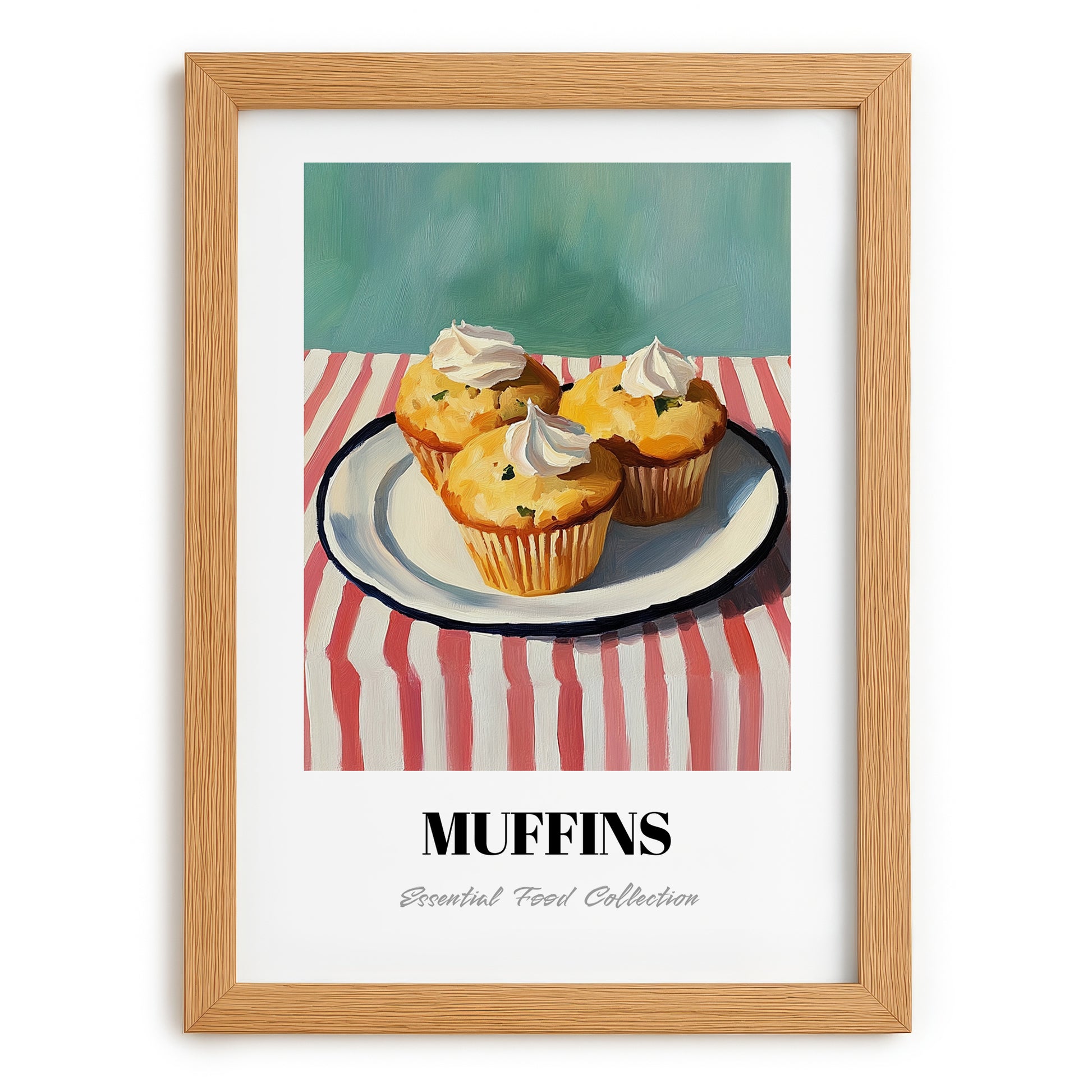 Muffins – on Striped Tablecloth, American Pastry Painting, set in oak frame
