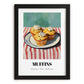 Muffins – on Striped Tablecloth, American Pastry Painting, in sleek black frame