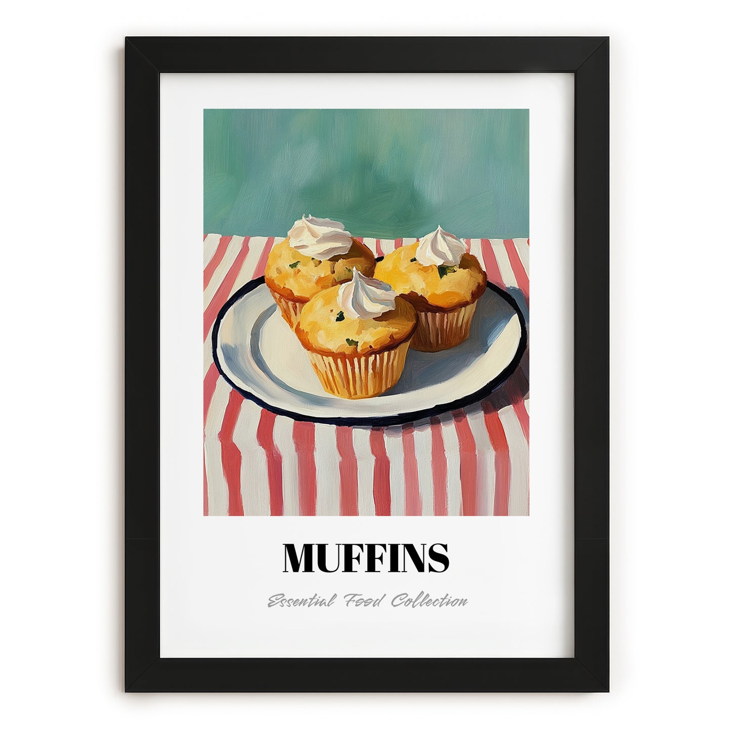 Muffins – on Striped Tablecloth, American Pastry Painting, in sleek black frame