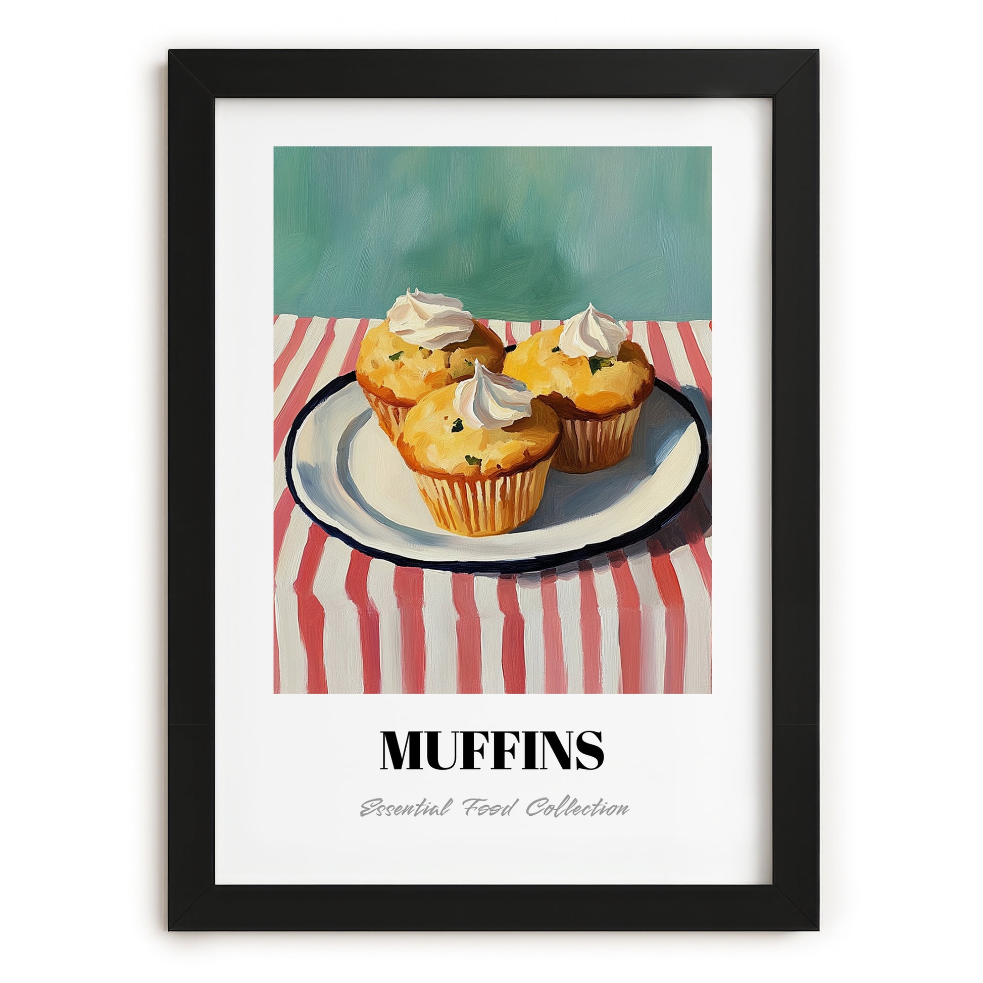 Muffins – on Striped Tablecloth, American Pastry Painting, in sleek black frame