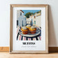 Muffins – White village Street Café Scene, American Pastry Print, in wooden frame leaning on the floor