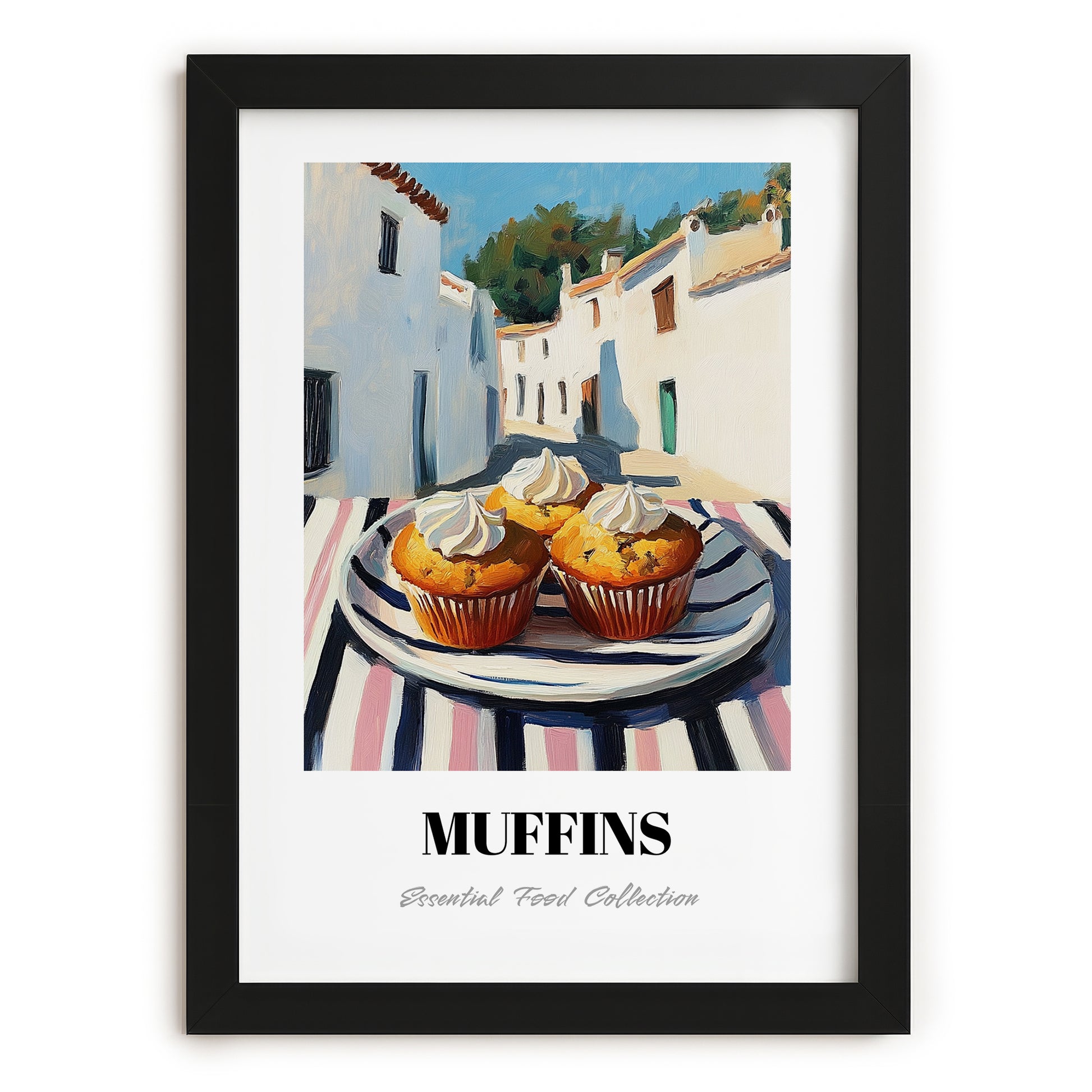 Muffins – White village Street Café Scene, American Pastry Print, in sleek black frame