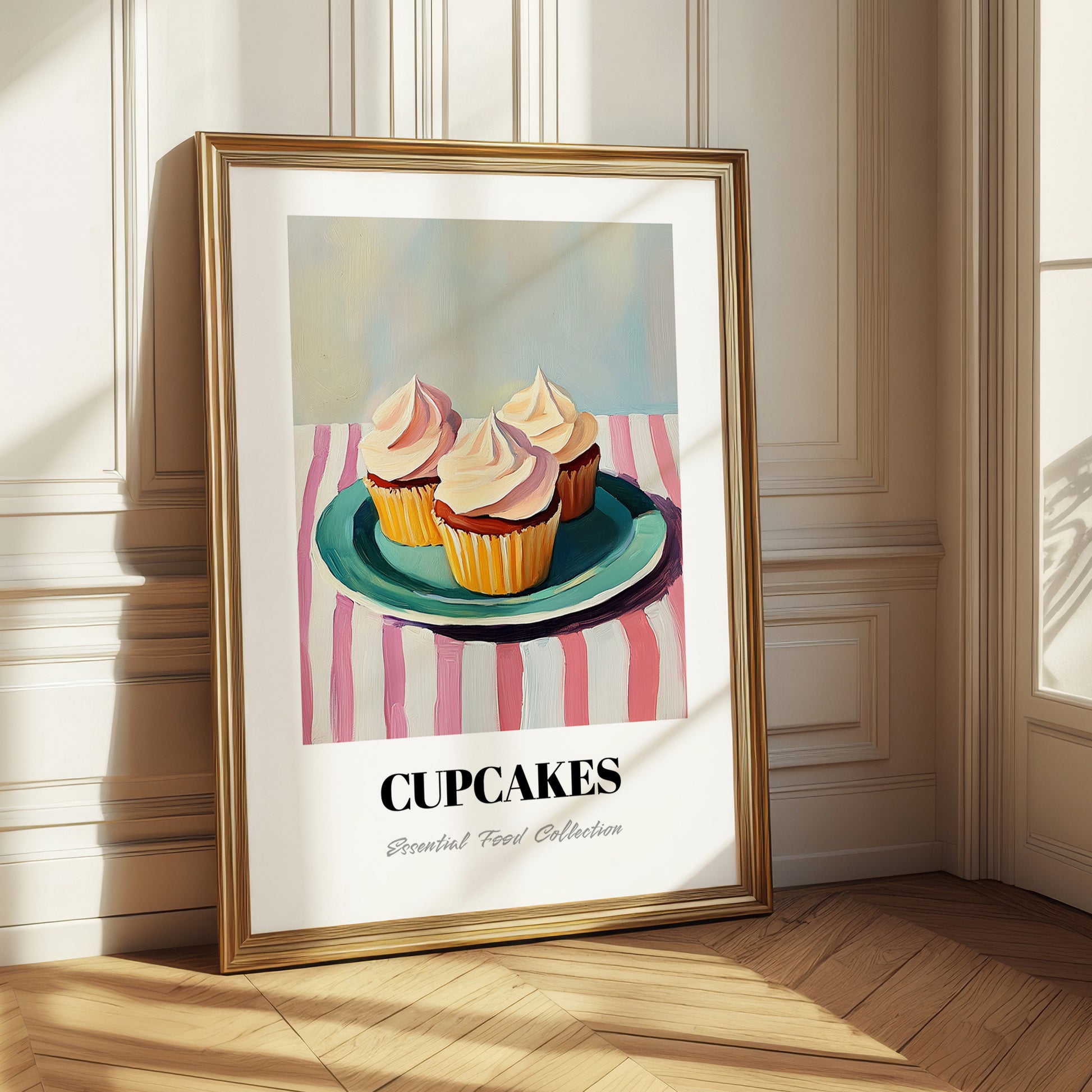 Cupcakes – on Striped Tablecloth, American Dessert Still Life 