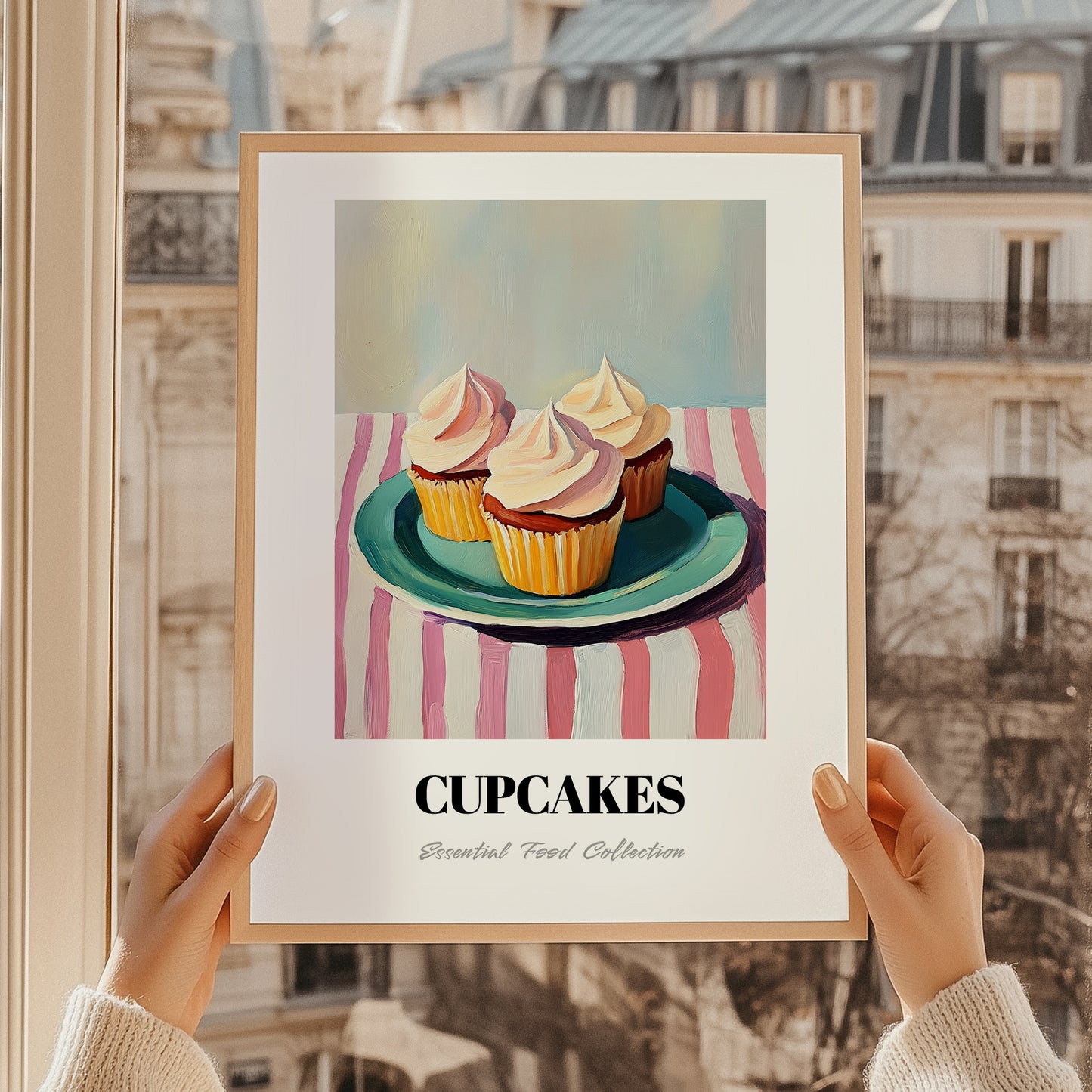 Cupcakes – on Striped Tablecloth, American Dessert Still Life, styled in a charming Paris street view