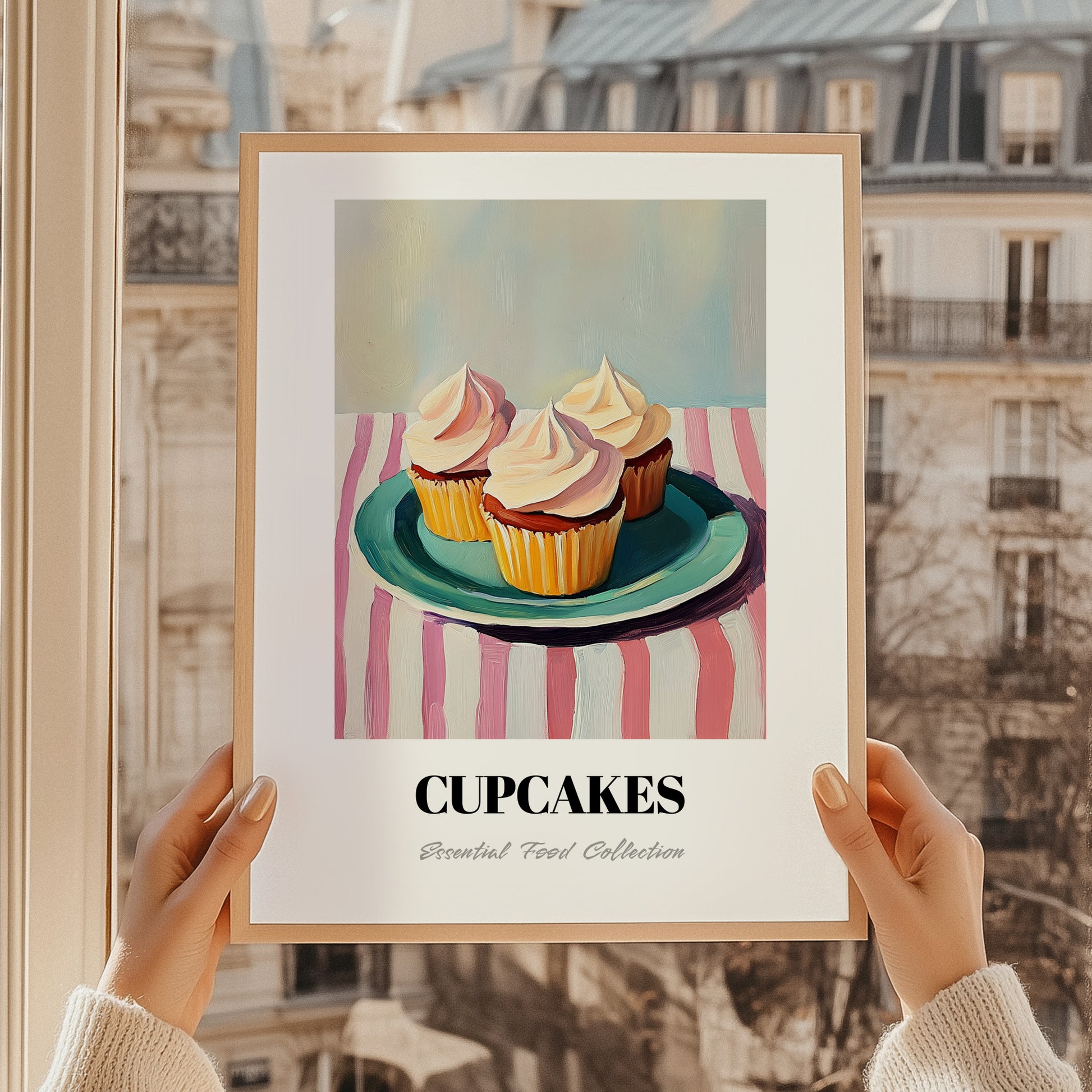 Cupcakes – on Striped Tablecloth, American Dessert Still Life, styled in a charming Paris street view