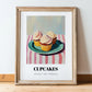 Cupcakes – on Striped Tablecloth, American Dessert Still Life, in wooden frame leaning on the floor