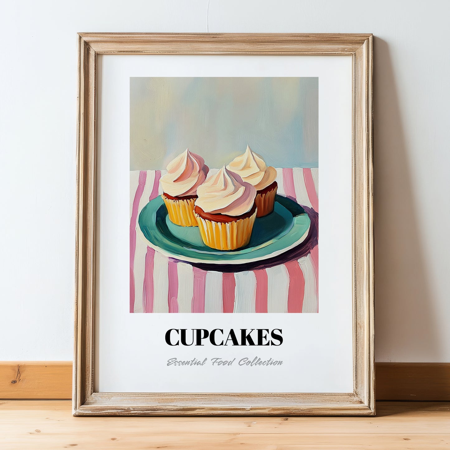 Cupcakes – on Striped Tablecloth, American Dessert Still Life, in wooden frame leaning on the floor