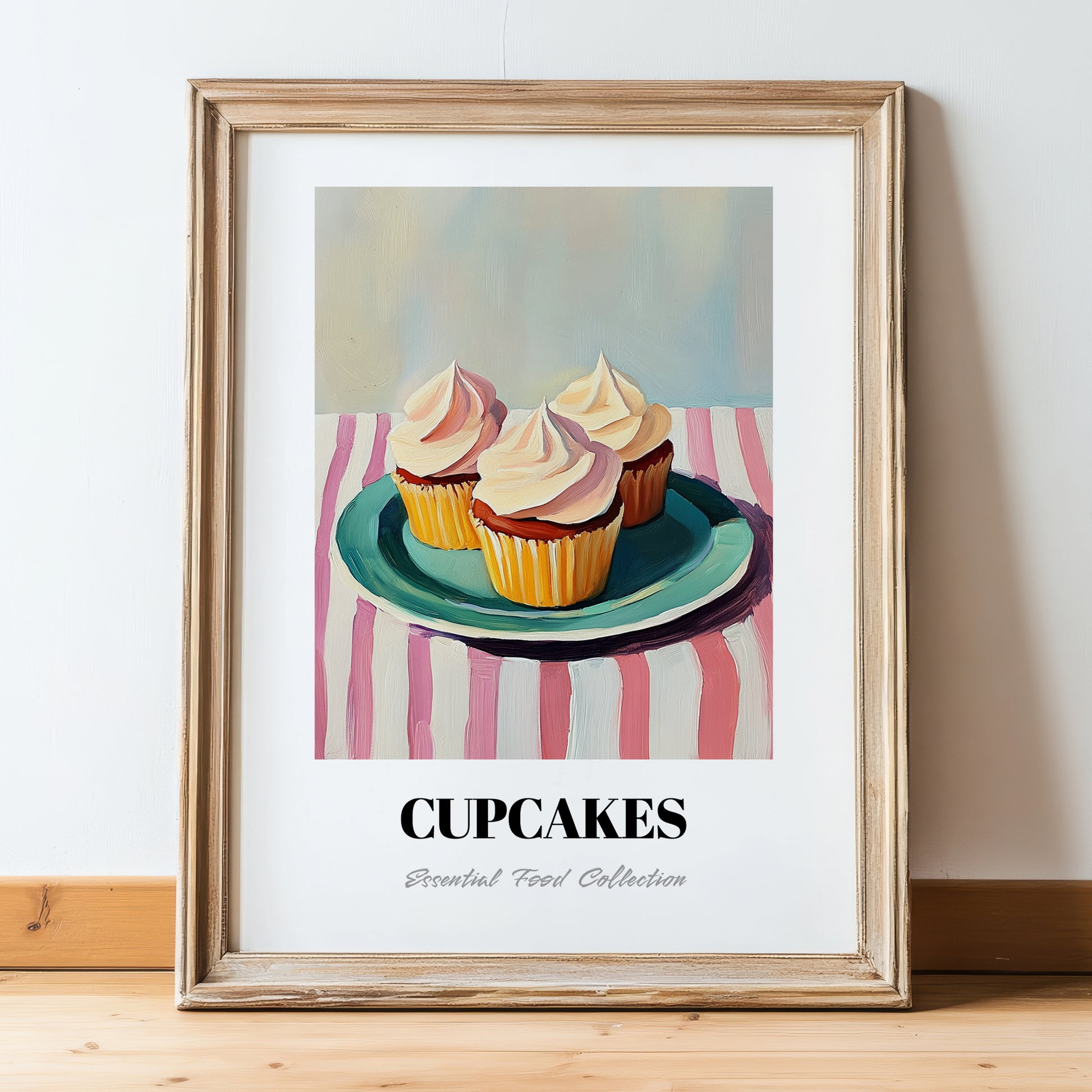 Cupcakes – on Striped Tablecloth, American Dessert Still Life, in wooden frame leaning on the floor