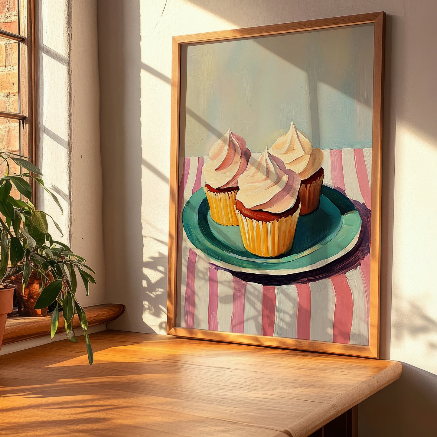 Cupcakes – on Striped Tablecloth, American Dessert Still Life, clean layout with no caption