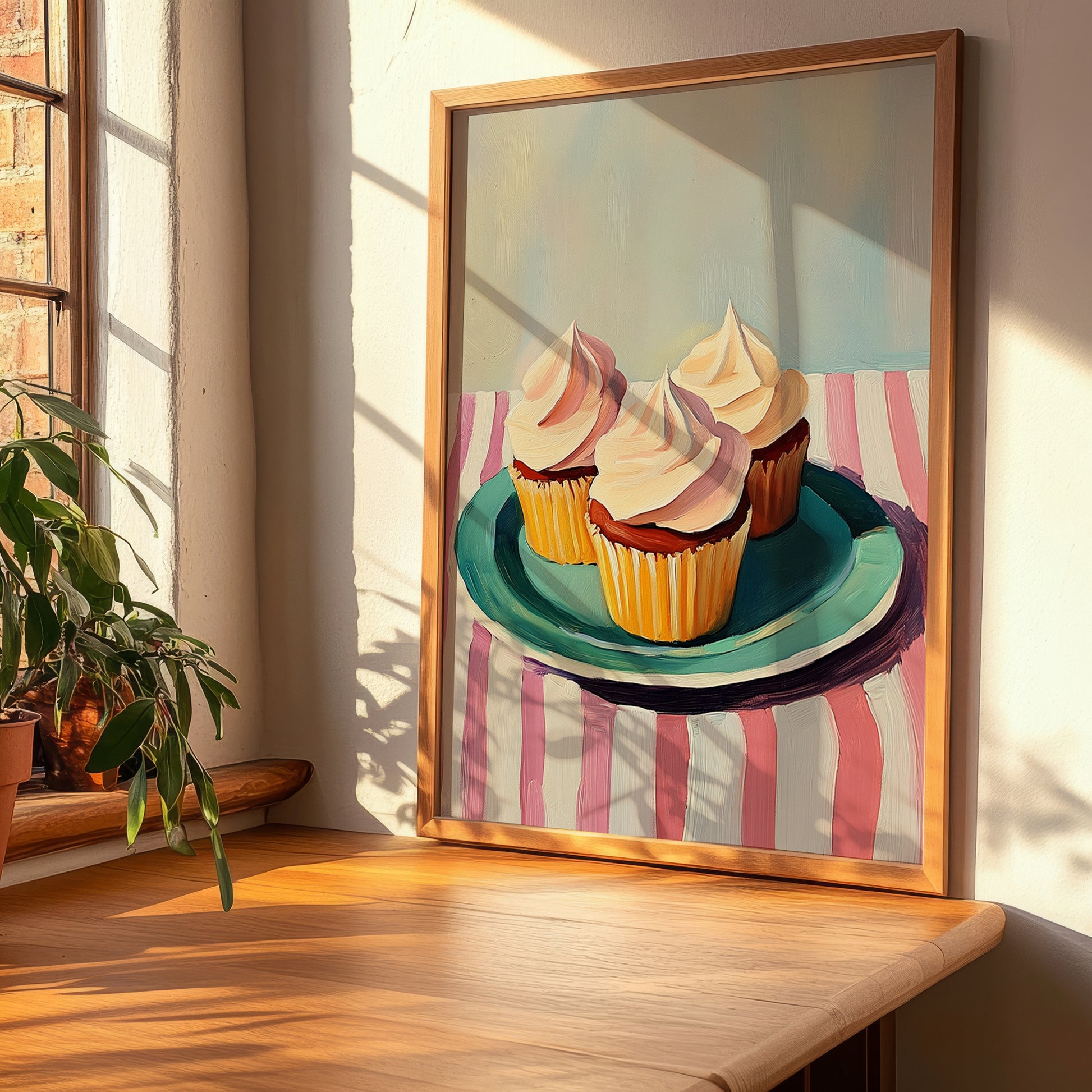 Cupcakes – on Striped Tablecloth, American Dessert Still Life, clean layout with no caption