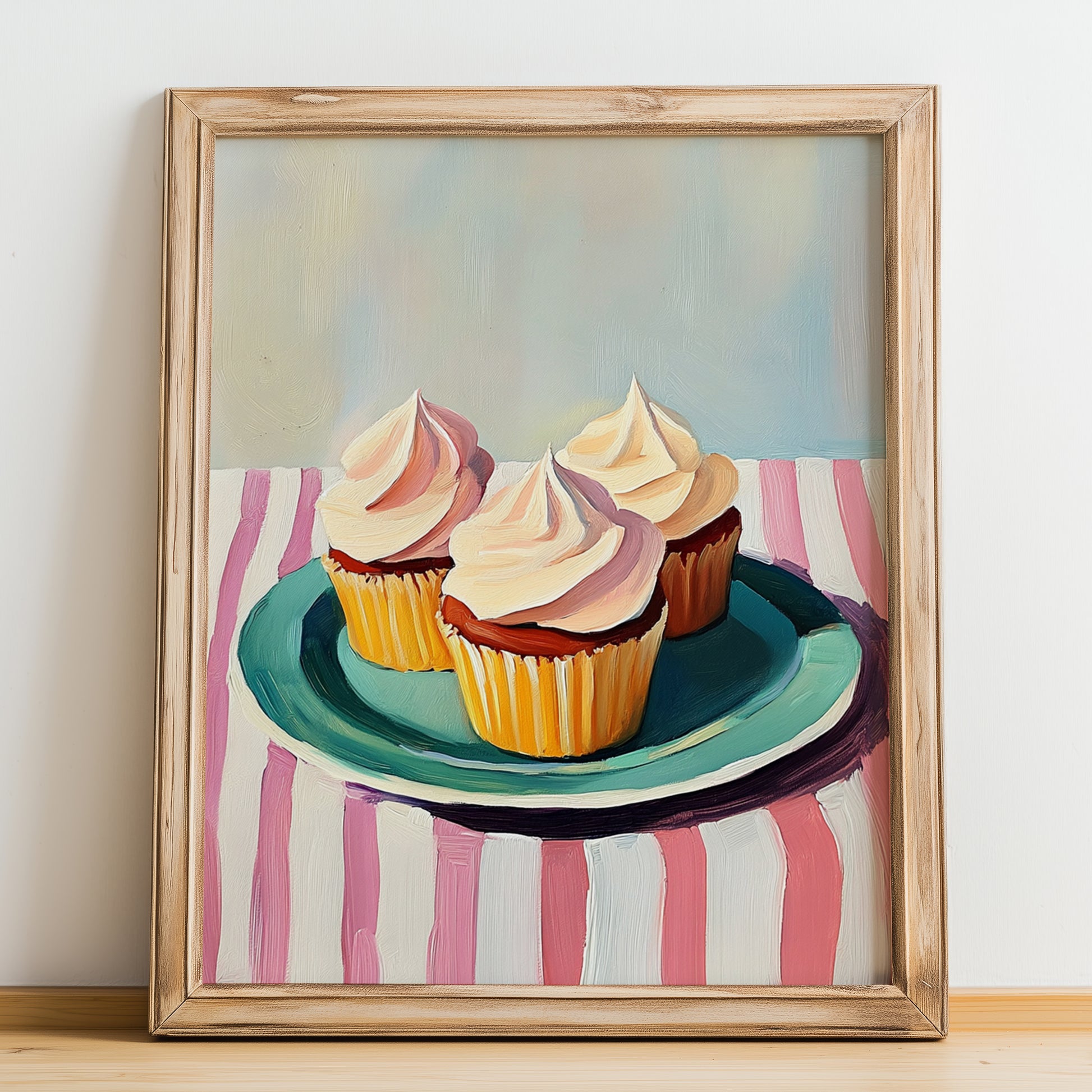 Cupcakes – on Striped Tablecloth, American Dessert Still Life, no-text version framed in wood
