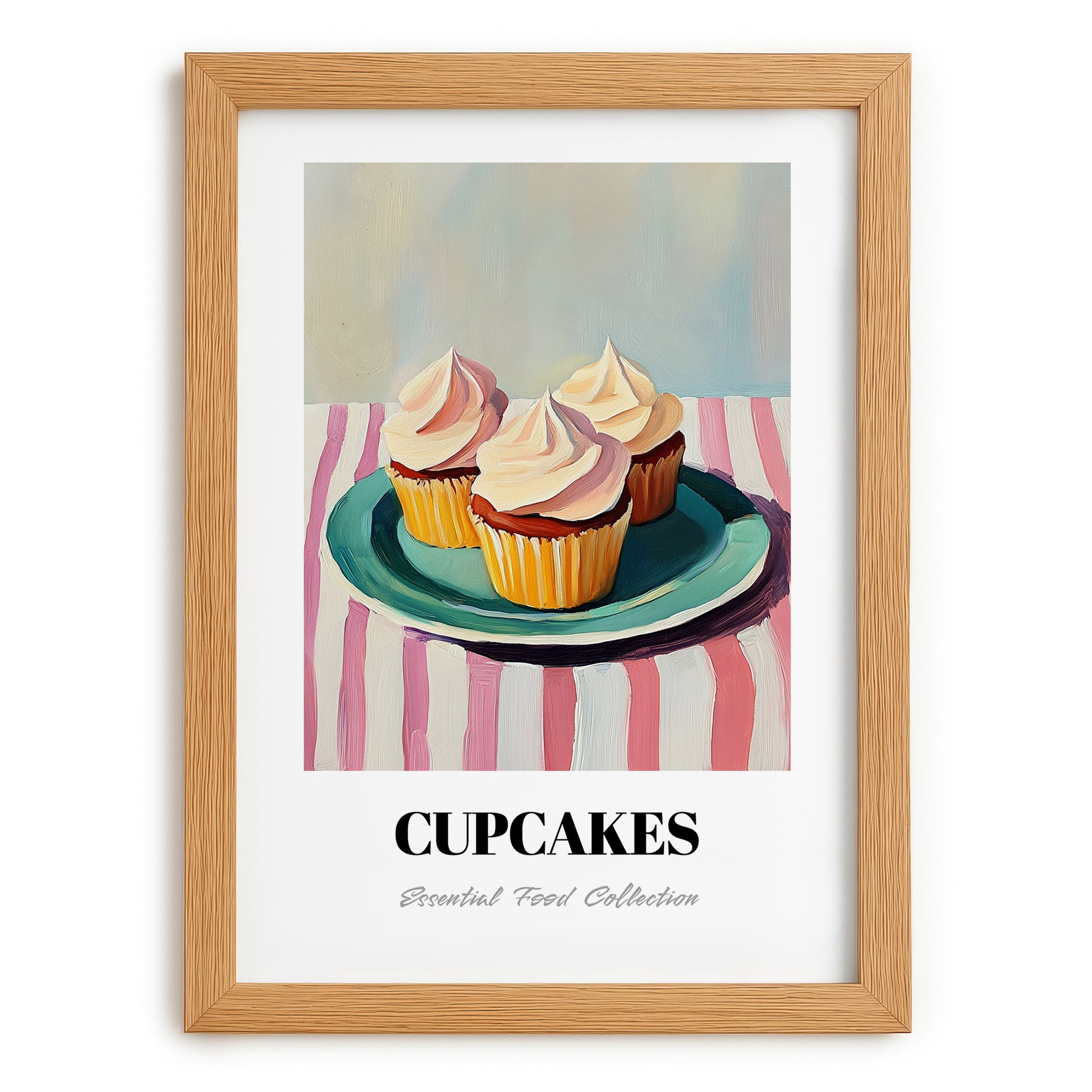 Cupcakes – on Striped Tablecloth, American Dessert Still Life, set in oak frame