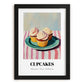 Cupcakes – on Striped Tablecloth, American Dessert Still Life, in sleek black frame