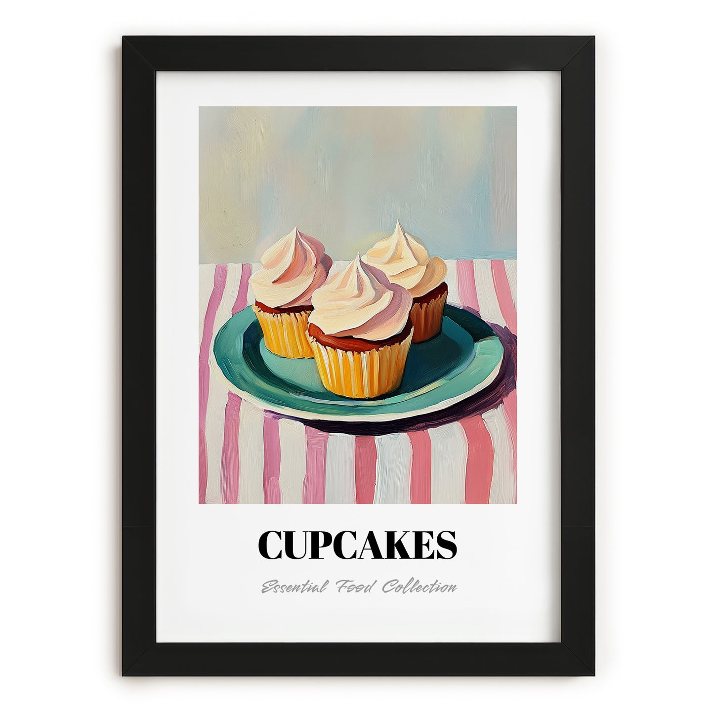 Cupcakes – on Striped Tablecloth, American Dessert Still Life, in sleek black frame