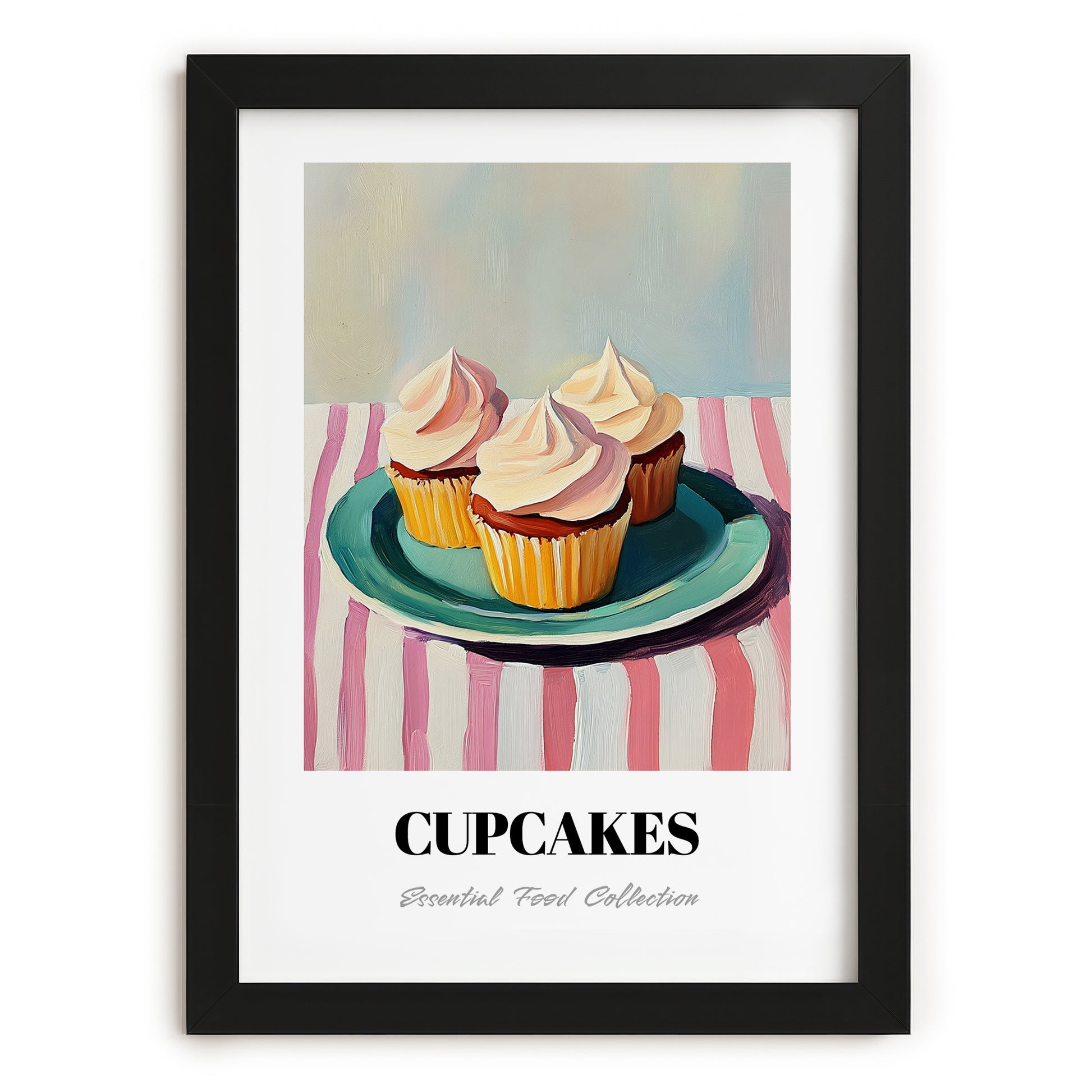 Cupcakes – on Striped Tablecloth, American Dessert Still Life, in sleek black frame