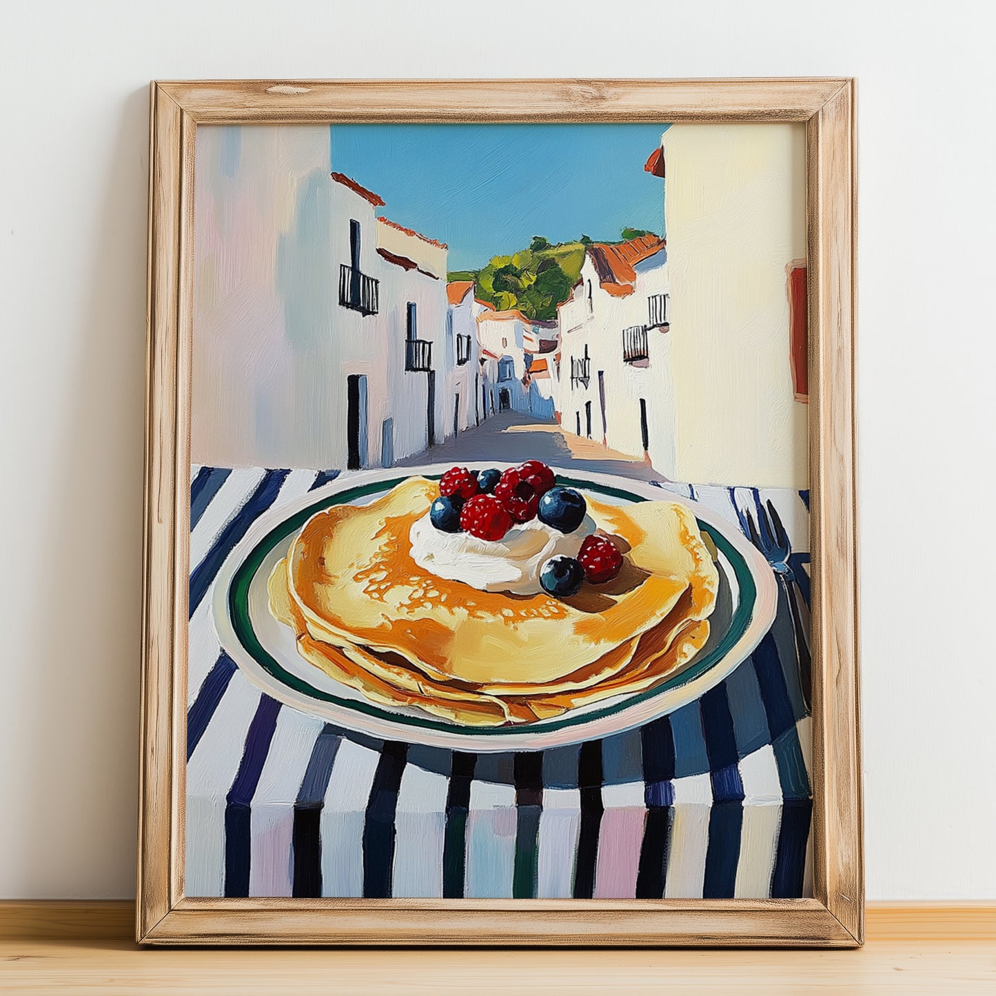 Crepes – White village Urban Café Scene, French French Pastry Painting, no-text version framed in wood