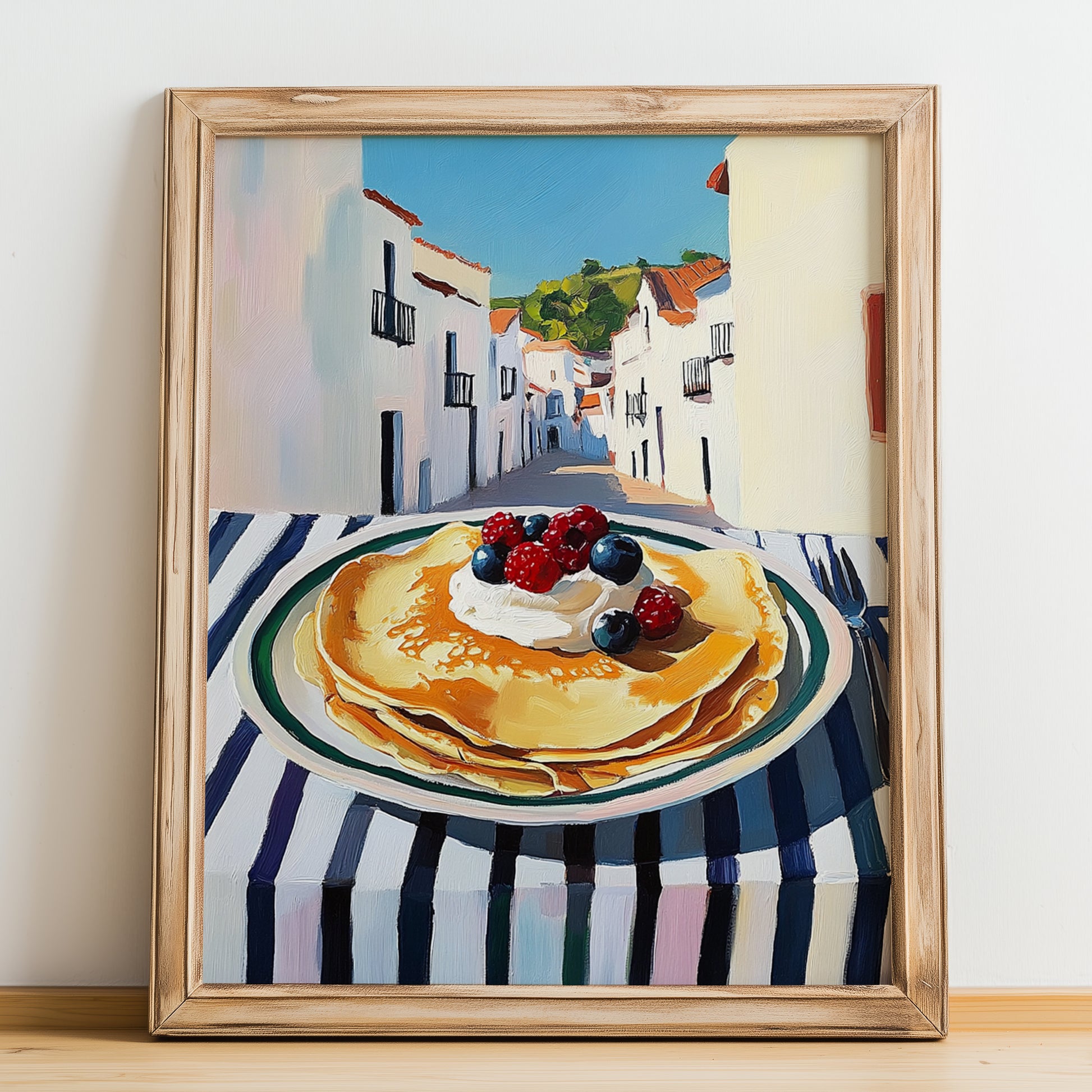 Crepes – White village Urban Café Scene, French French Pastry Painting, no-text version framed in wood