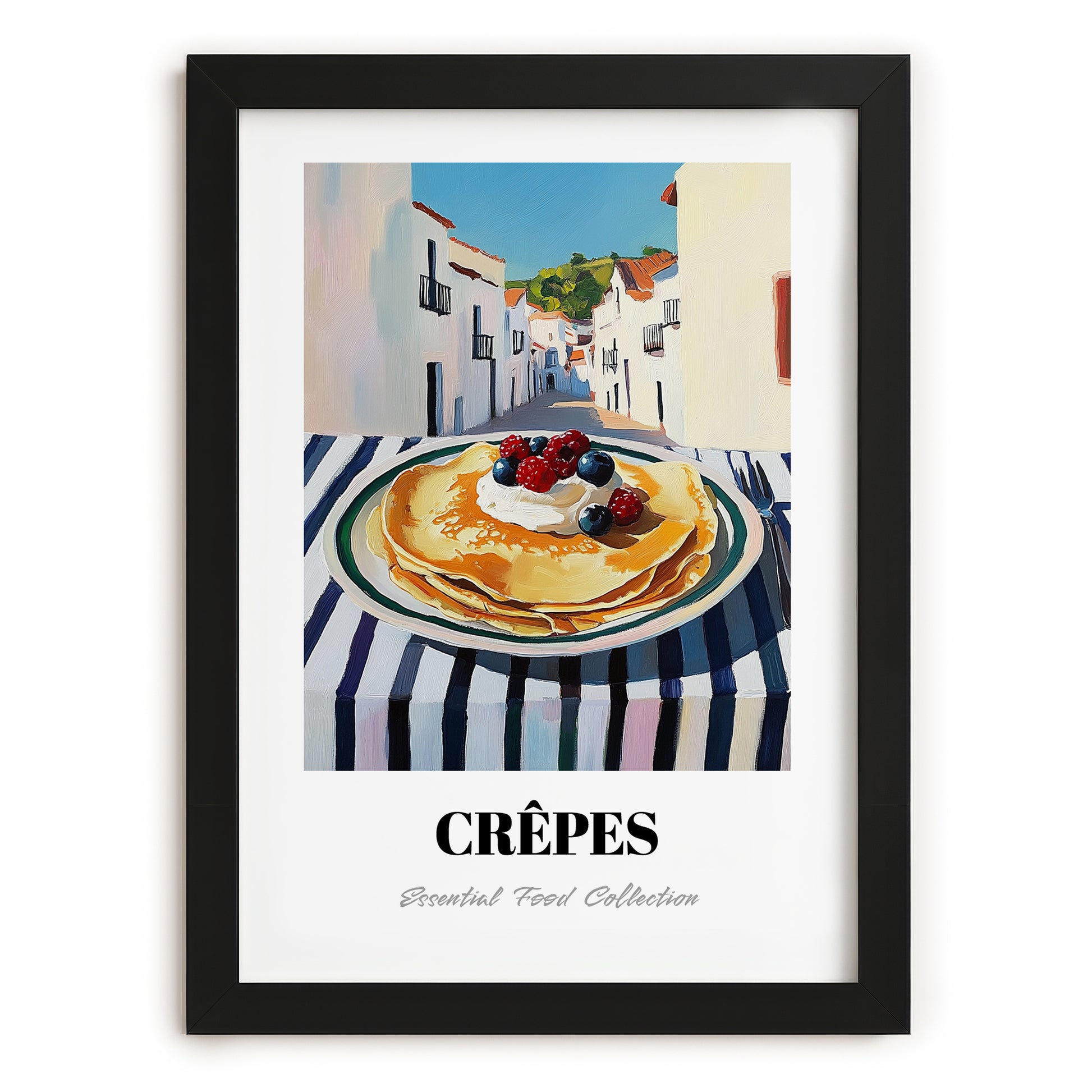 Crepes – White village Urban Café Scene, French French Pastry Painting, in sleek black frame