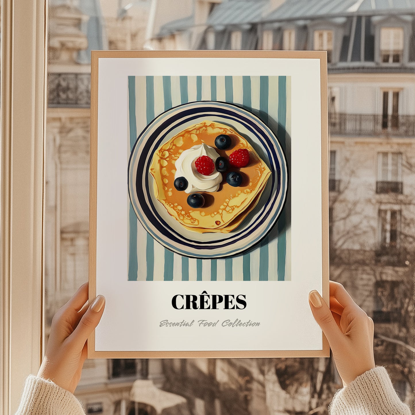 Crepes – on Striped Tablecloth, French French Pastry Still Life, styled in a charming Paris street view
