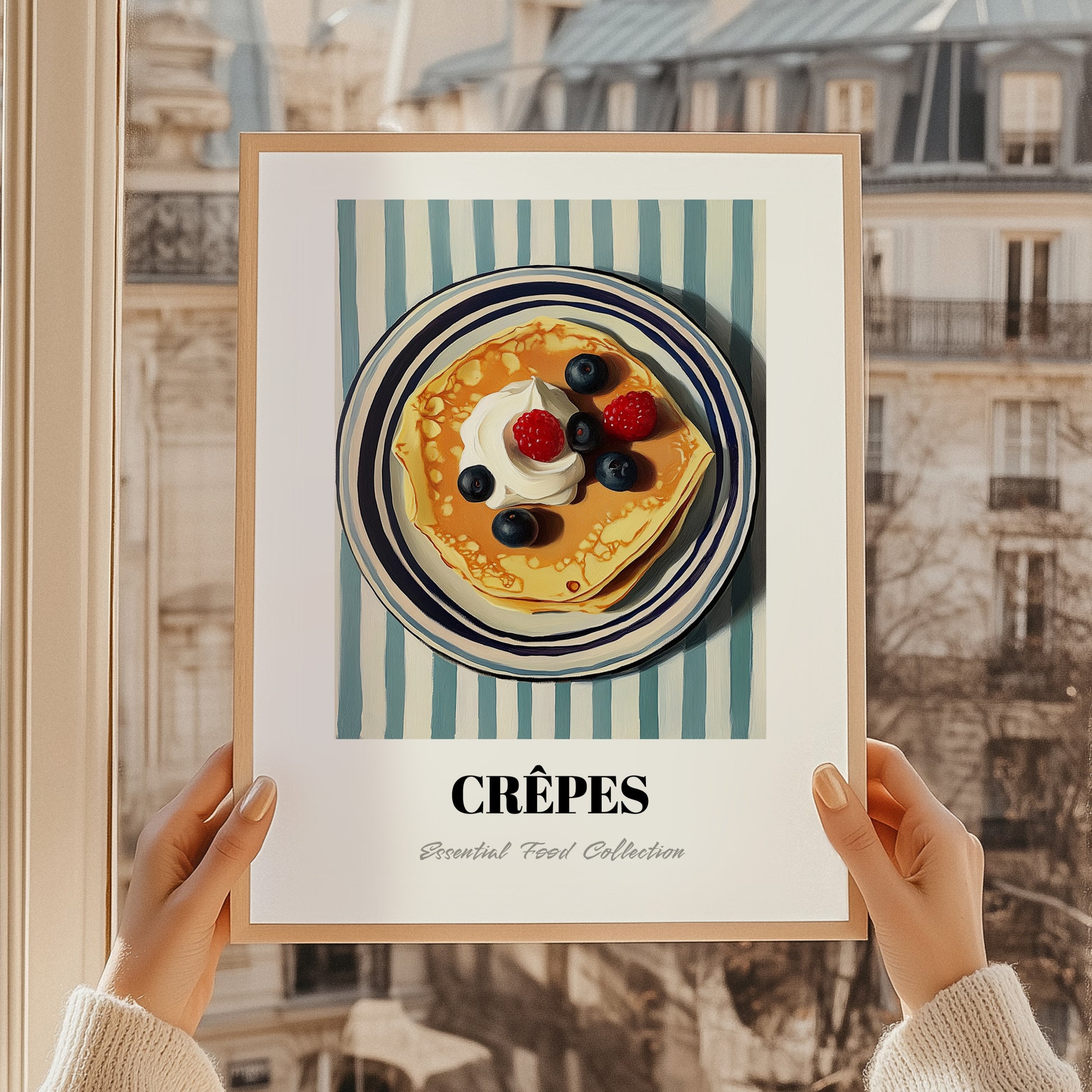 Crepes – on Striped Tablecloth, French French Pastry Still Life, styled in a charming Paris street view