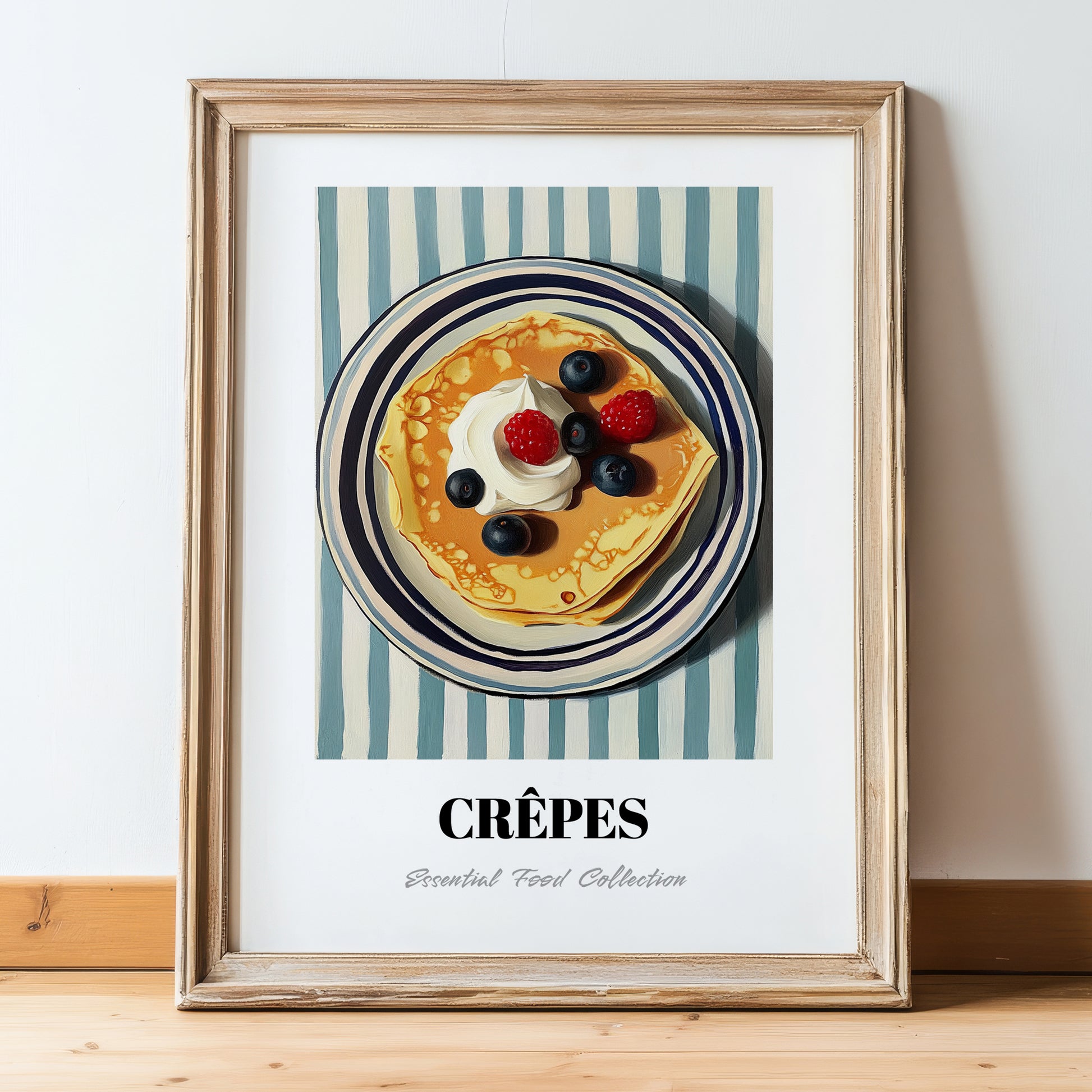 Crepes – on Striped Tablecloth, French French Pastry Still Life, in wooden frame leaning on the floor