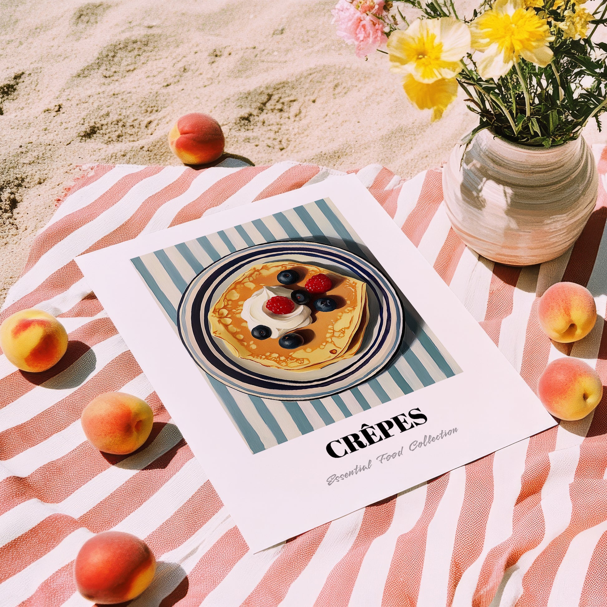 Crepes – on Striped Tablecloth, French French Pastry Still Life, unframed on coastal sand