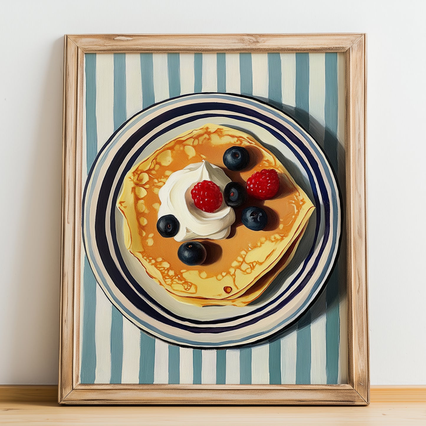 Crepes – on Striped Tablecloth, French French Pastry Still Life, no-text version framed in wood