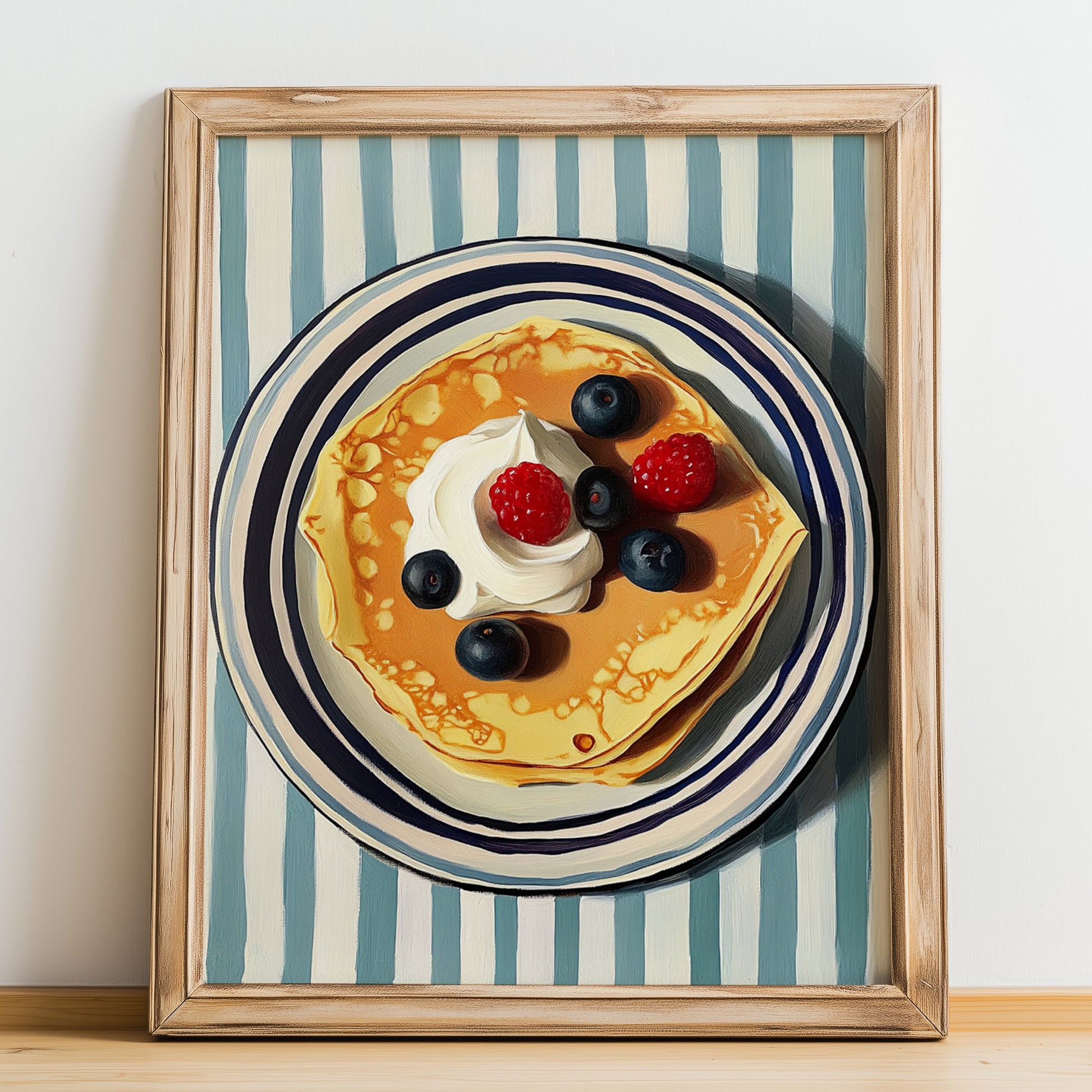 Crepes – on Striped Tablecloth, French French Pastry Still Life, no-text version framed in wood