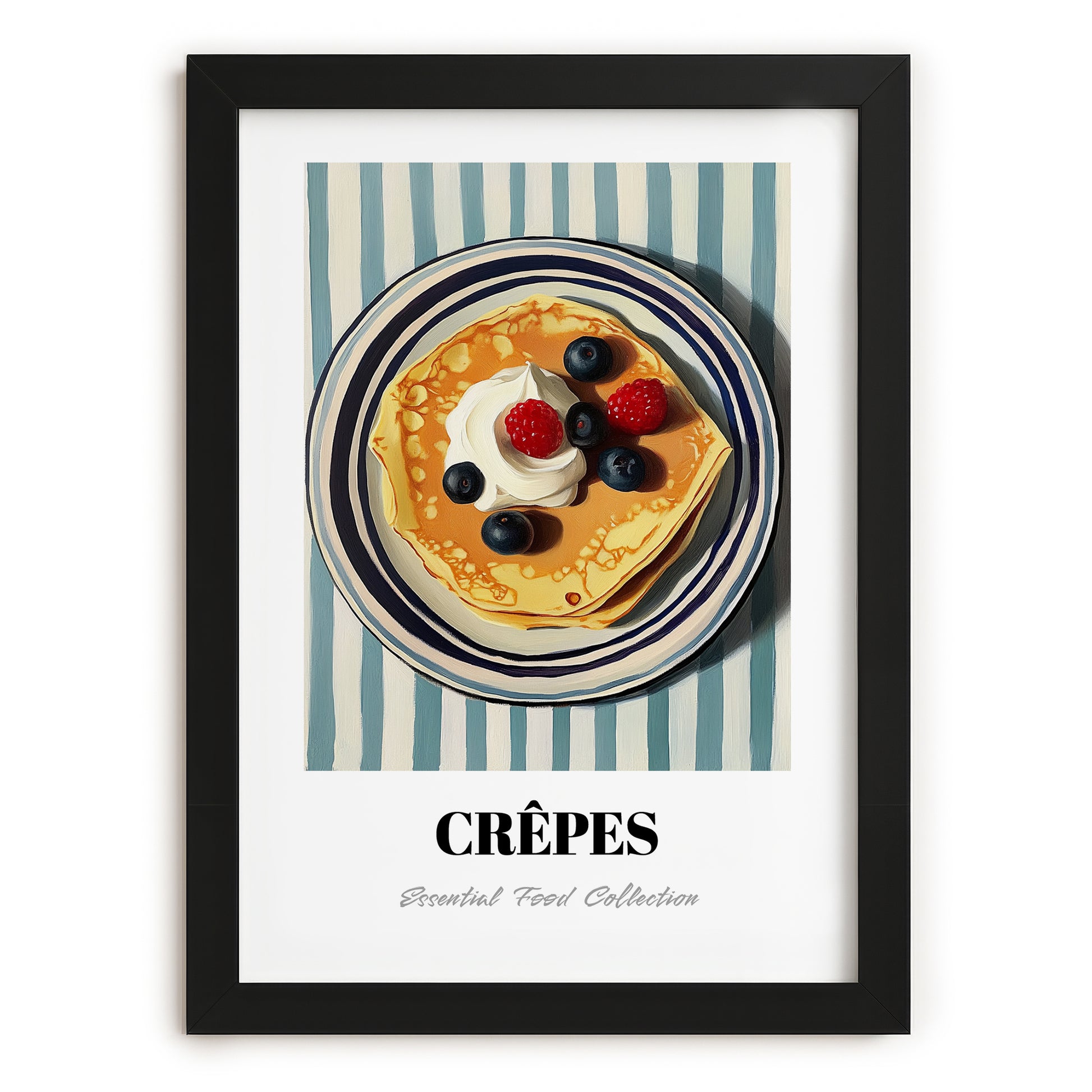 Crepes – on Striped Tablecloth, French French Pastry Still Life, in sleek black frame