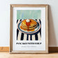 Pancakes With Syrup – on Striped Tablecloth, American Pastry Wall Decor, in wooden frame leaning on the floor