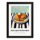 Pancakes With Syrup – on Striped Tablecloth, American Pastry Wall Decor, in sleek black frame