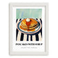 Pancakes With Syrup – on Striped Tablecloth, American Pastry Wall Decor, placed in minimal white frame